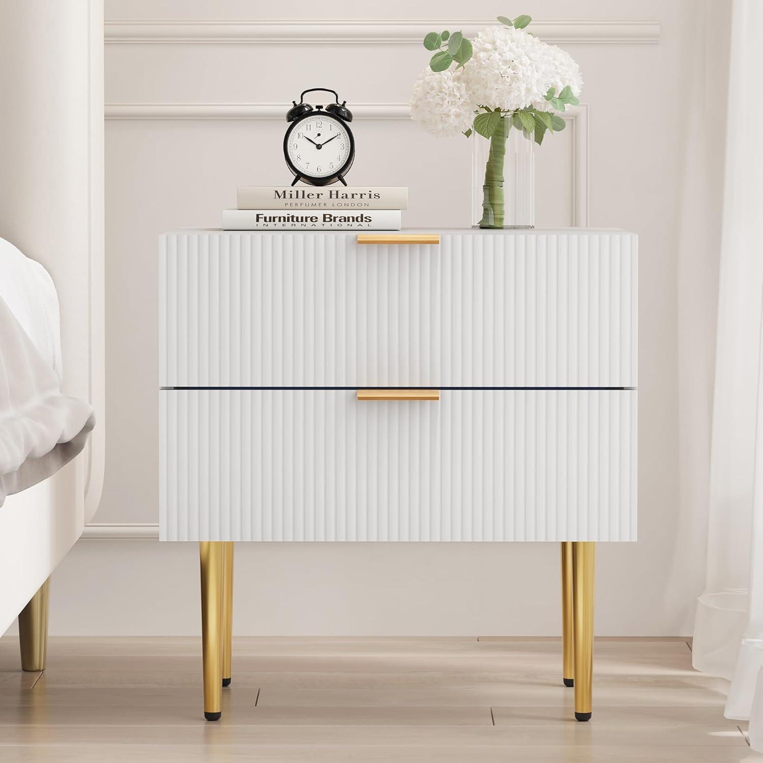 Smuxee Modern Nightstand with 2 Wave Pattern Drawer,End Tables Side Tables for Bedroom,White