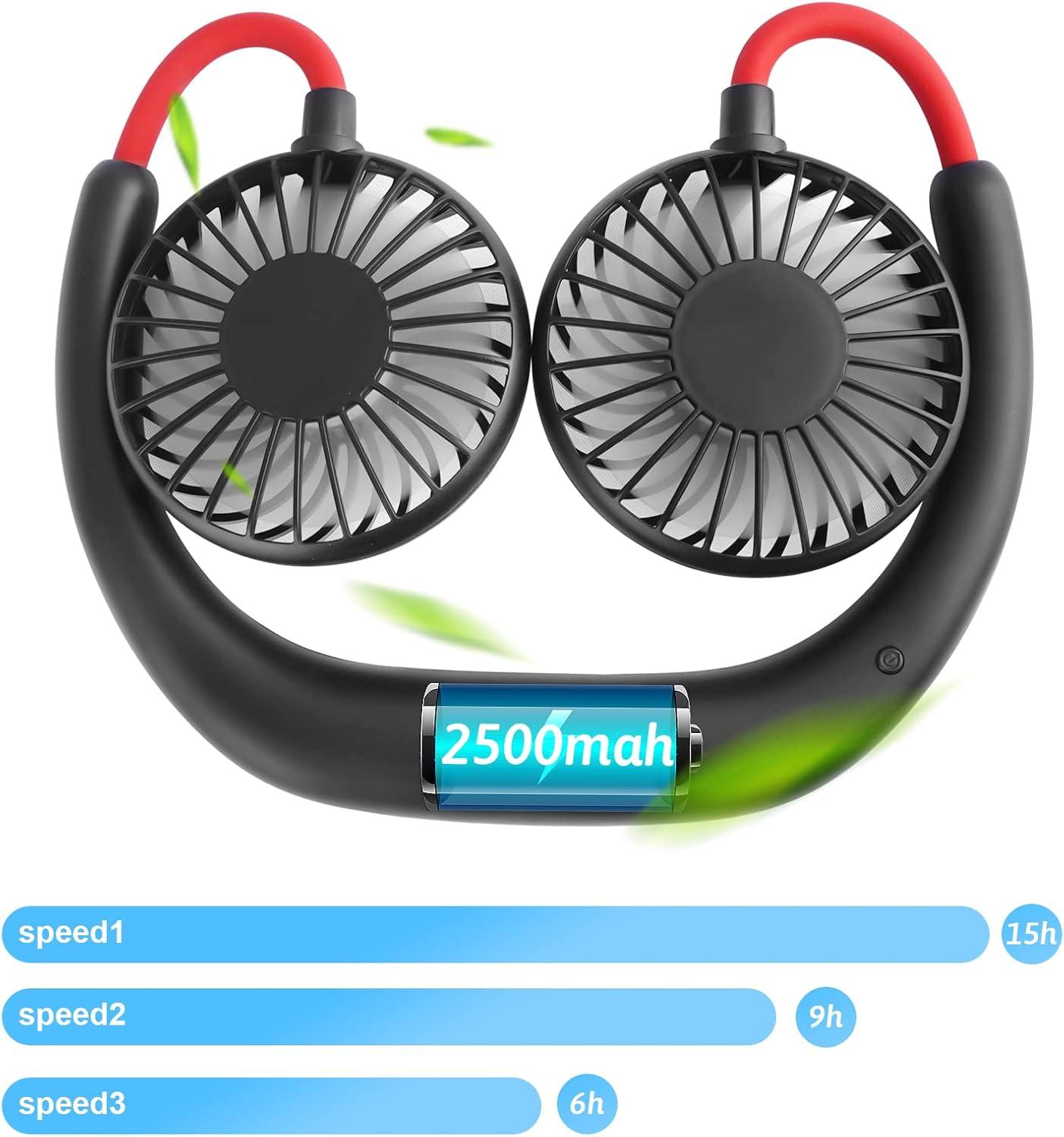 Portable Neck Fan, Hand Free Personal Mini Fans USB Rechargeable,360 Degree Free Rotation for Traveling, Sports, Office, Reading (3 Speed Adjustable, Headphone Design) Wearable Neckband Cooler (Black)