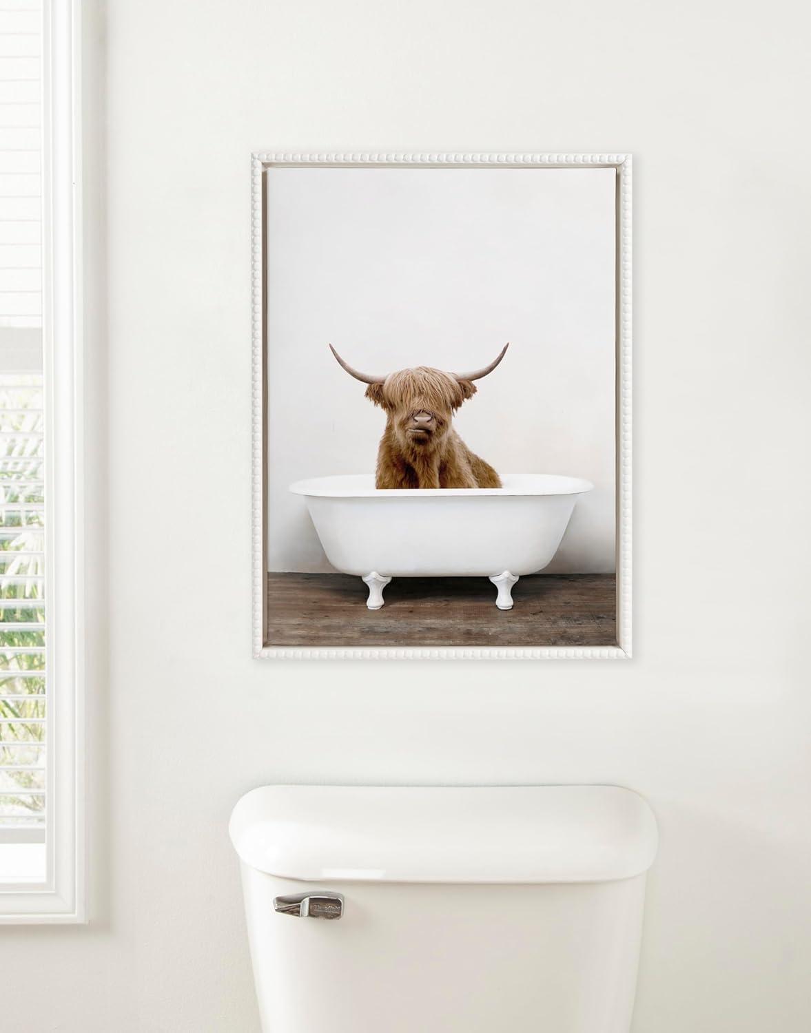 Kate and Laurel Sylvie Beaded Highland Cow in the Tub Color Vintage Framed Canvas Wall Art by Amy Peterson, 18x24 White, Colorful Modern Animal Wall Art