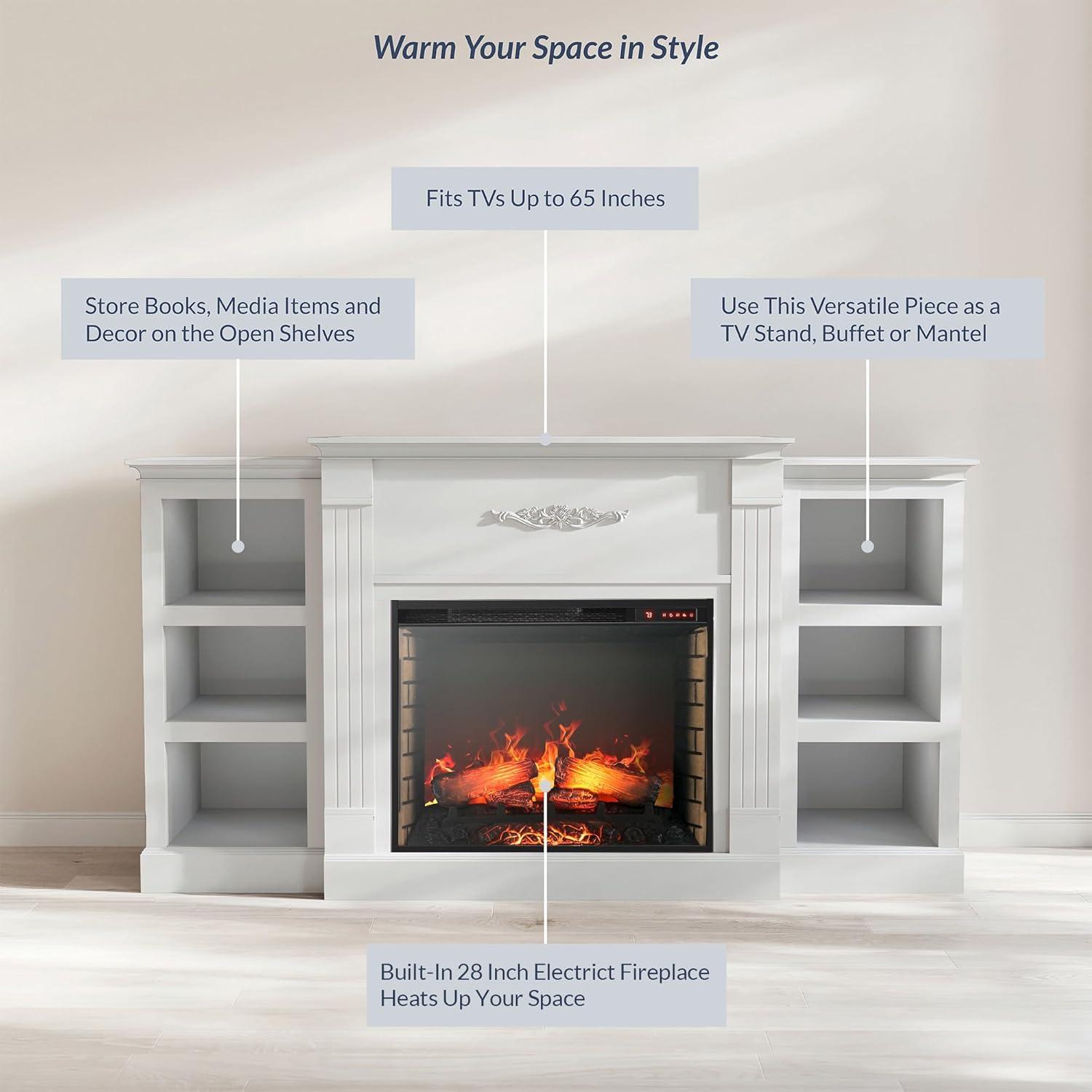 BELLEZE Modern 70" Electric Fireplace Heater Mantel TV Stand & Media Entertainment Center for TVs up to 68" with Energy-Efficient Heater with Sound and Side Book Shelves - Lenore (White)