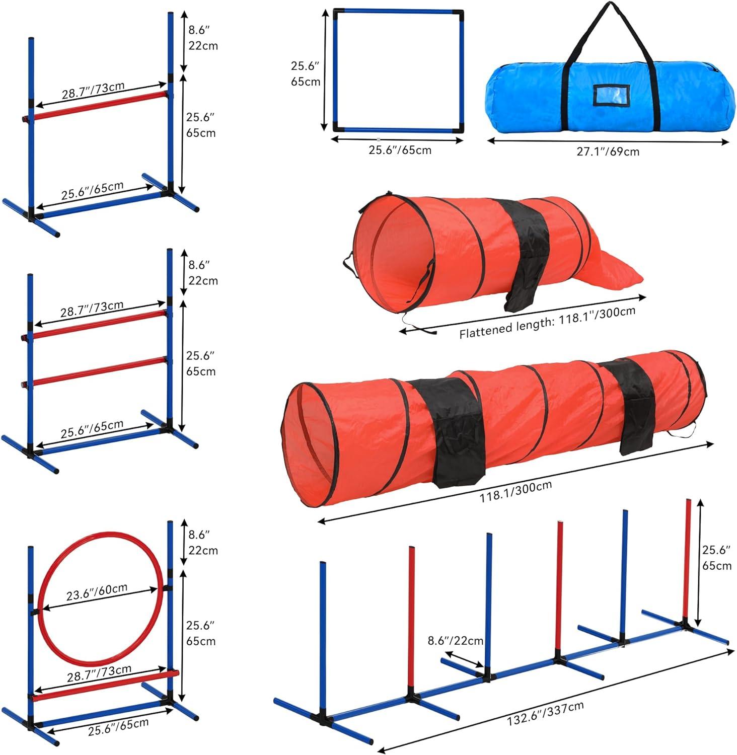 Dog Agility Training Equipments: Includes Flirt Pole Toy, 3 Flying Discs, 2 Agility Tunnel, 3 Jumps, 6 Weave Poles, Pause Box, Dog Agility Course Backyard Set Indoors Outdoors