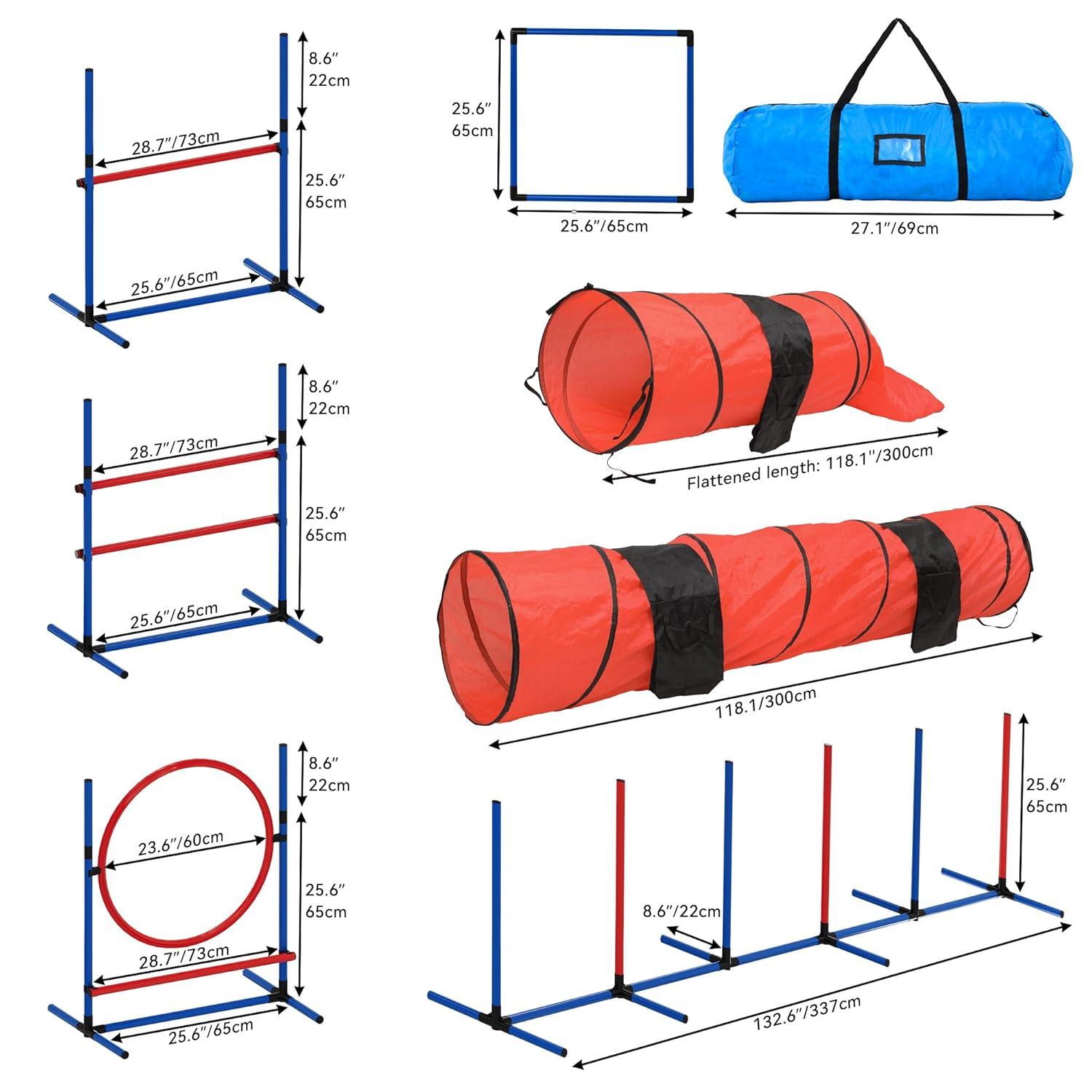 YITAHOME Dog Agility Training Equipment Set with 2 Flexible Tunnels, 2 Hurdles, Jump Ring, 6 Weave Poles, Pause Platform, Teaser Pole, 3 Flying Discs, and Carry Bags for Indoors Outdoors, Orange/Blue