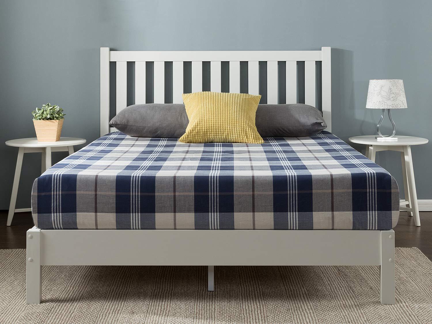 Queen Off-White Pine Wood Platform Bed with Slatted Headboard