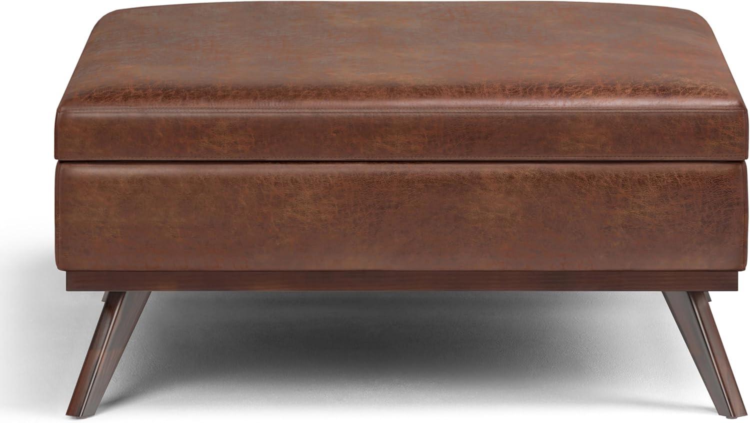 Simpli Home Coffee Table Storage Ottoman In Distressed Saddle Brown Vegan Faux Leather