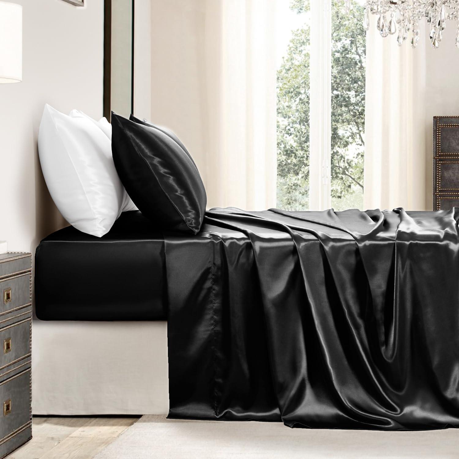 Black Satin Full Size 4-Piece Deep Pocket Sheet Set