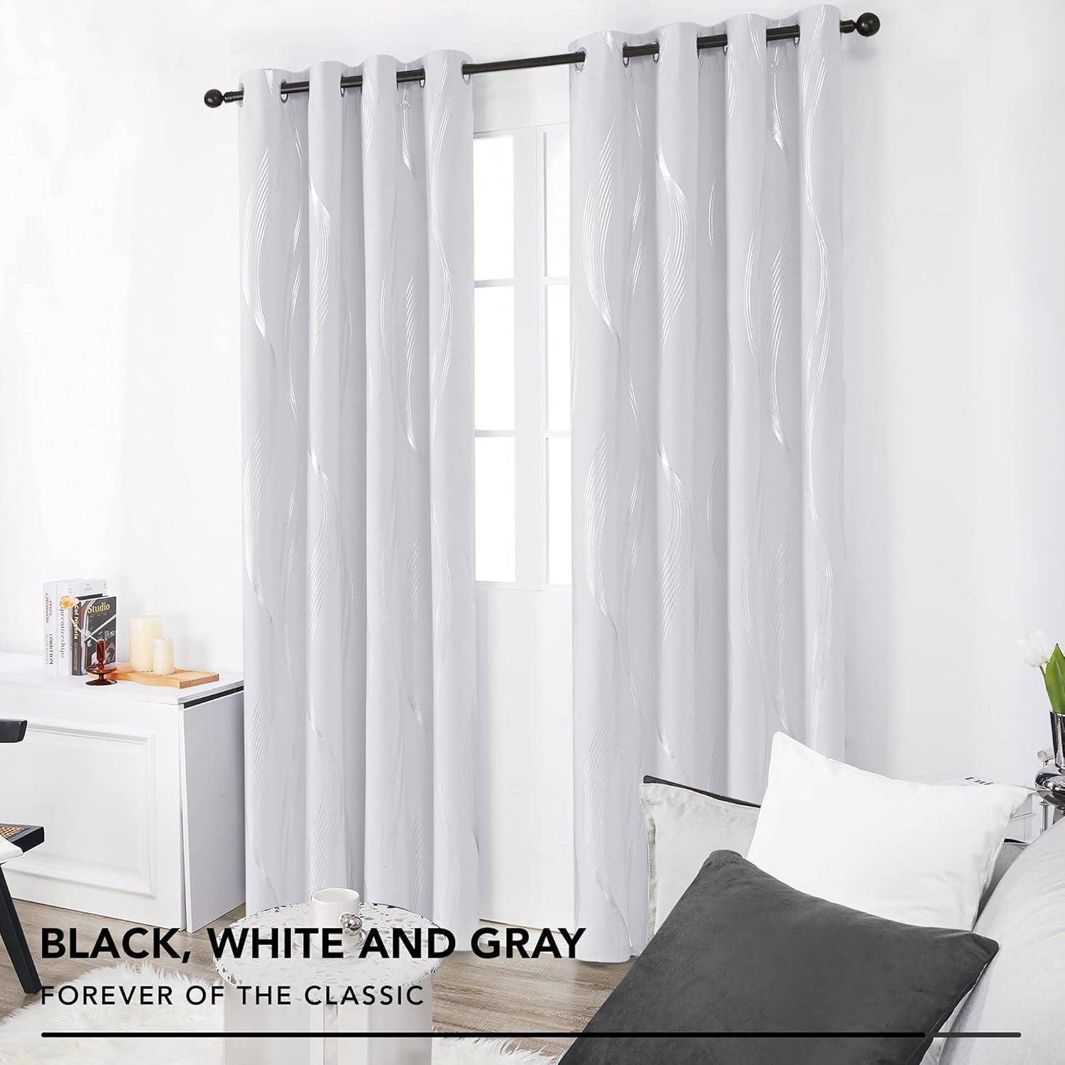 Deconovo Silver Wave Line Foil Printed Blackout Curtains Grommet Panels with 52x54 inch 1 Pair White