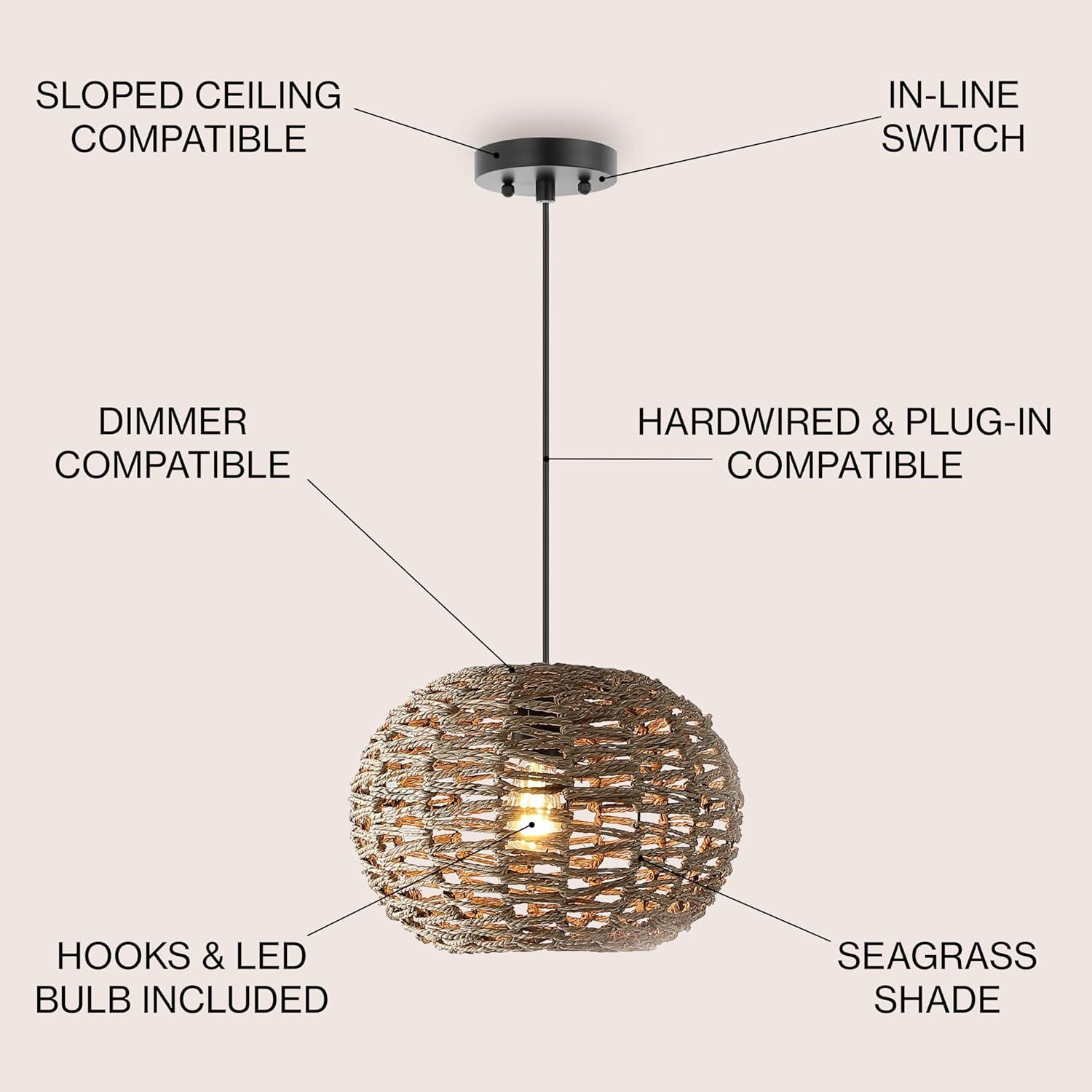 Isla 14" 1-Light Farmhouse Coastal Rattan 180" Cord Plug-In or Hardwired LED Pendant, Brown