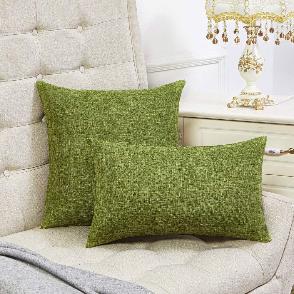 Dtwnek Linen Pillow Cover with Zipper, Decorative Cushion Case for Couch Bedding Patio Sofa, Green, 2 Pack