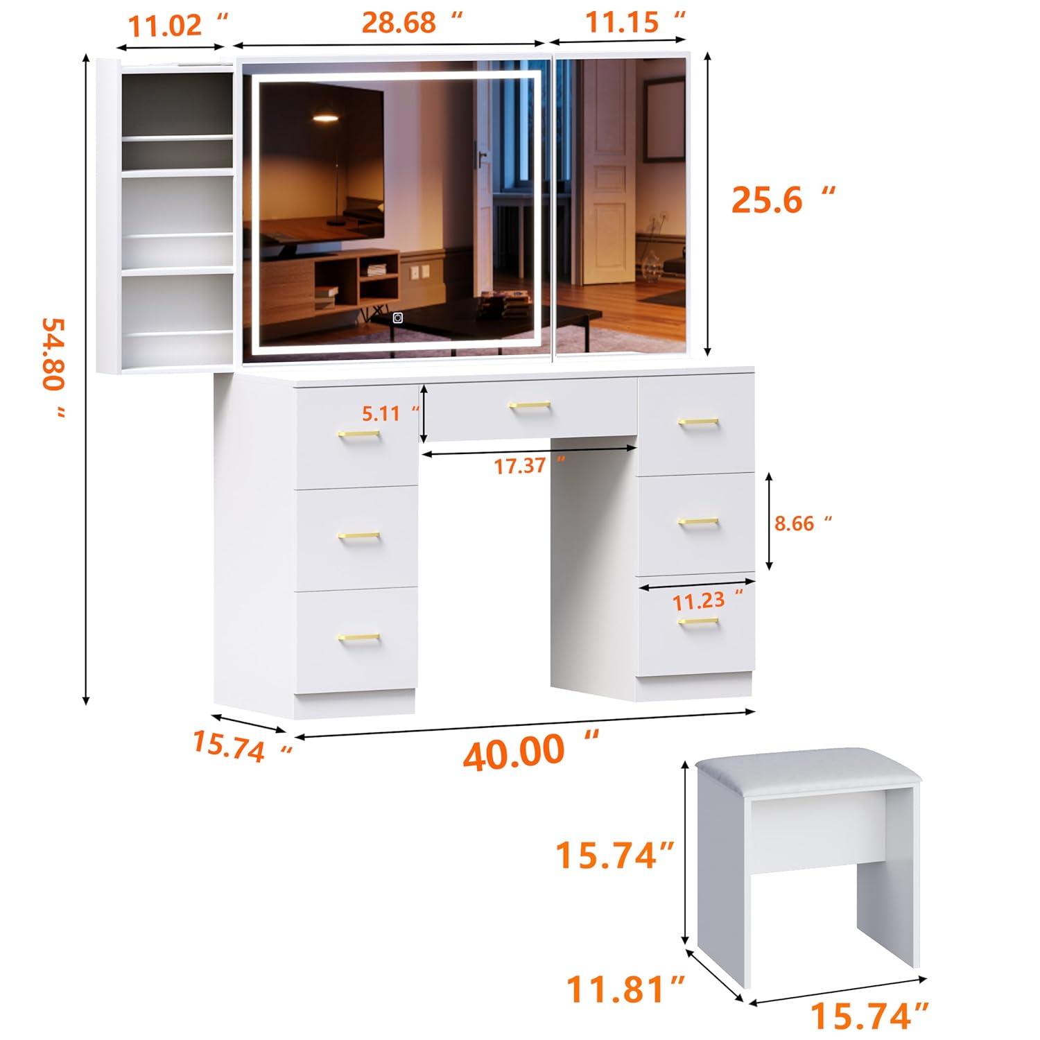 Vanity Desk with Lighted Mirror,Makeup Table with 7 Drawers,Wildhome Brand,Adult Age Group