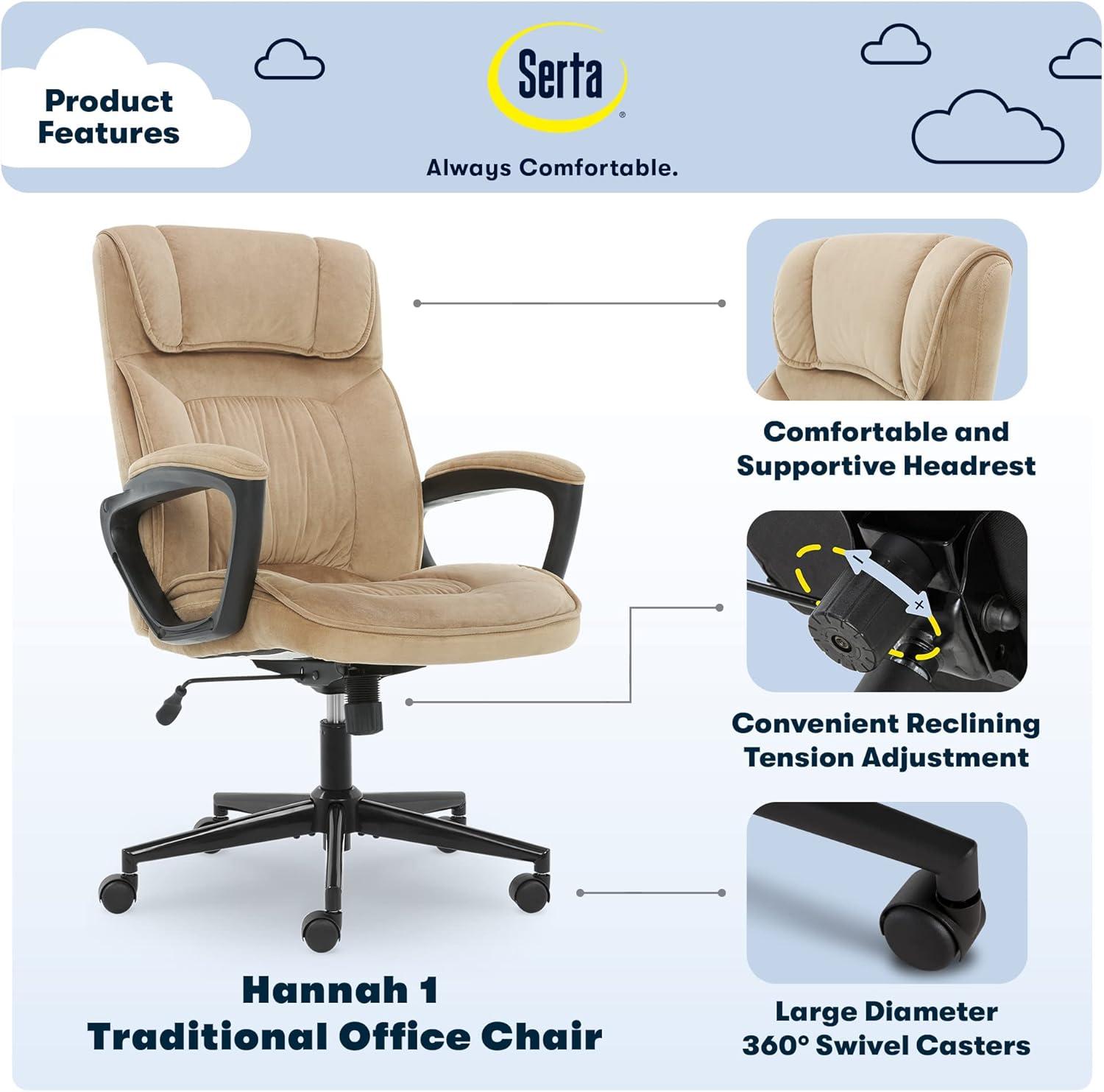 Serta Hannah Executive Home Office Desk Chair, Ergonomic Mid-Back with Lumbar Support, Firm Seat Cushion, Layered Body Pillows, Padded Armrests, Swivel Base, Easy Assembly, Microfiber, Beige