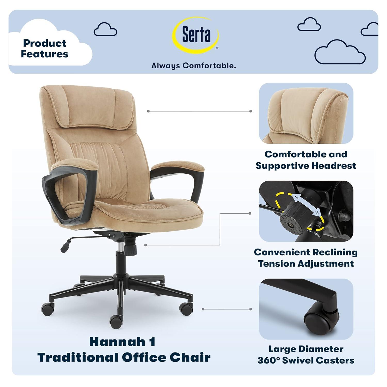 Serta Hannah Executive Home Office Desk Chair, Ergonomic Mid-Back with Lumbar Support, Firm Seat Cushion, Layered Body Pillows, Padded Armrests, Swivel Base, Easy Assembly, Microfiber, Beige