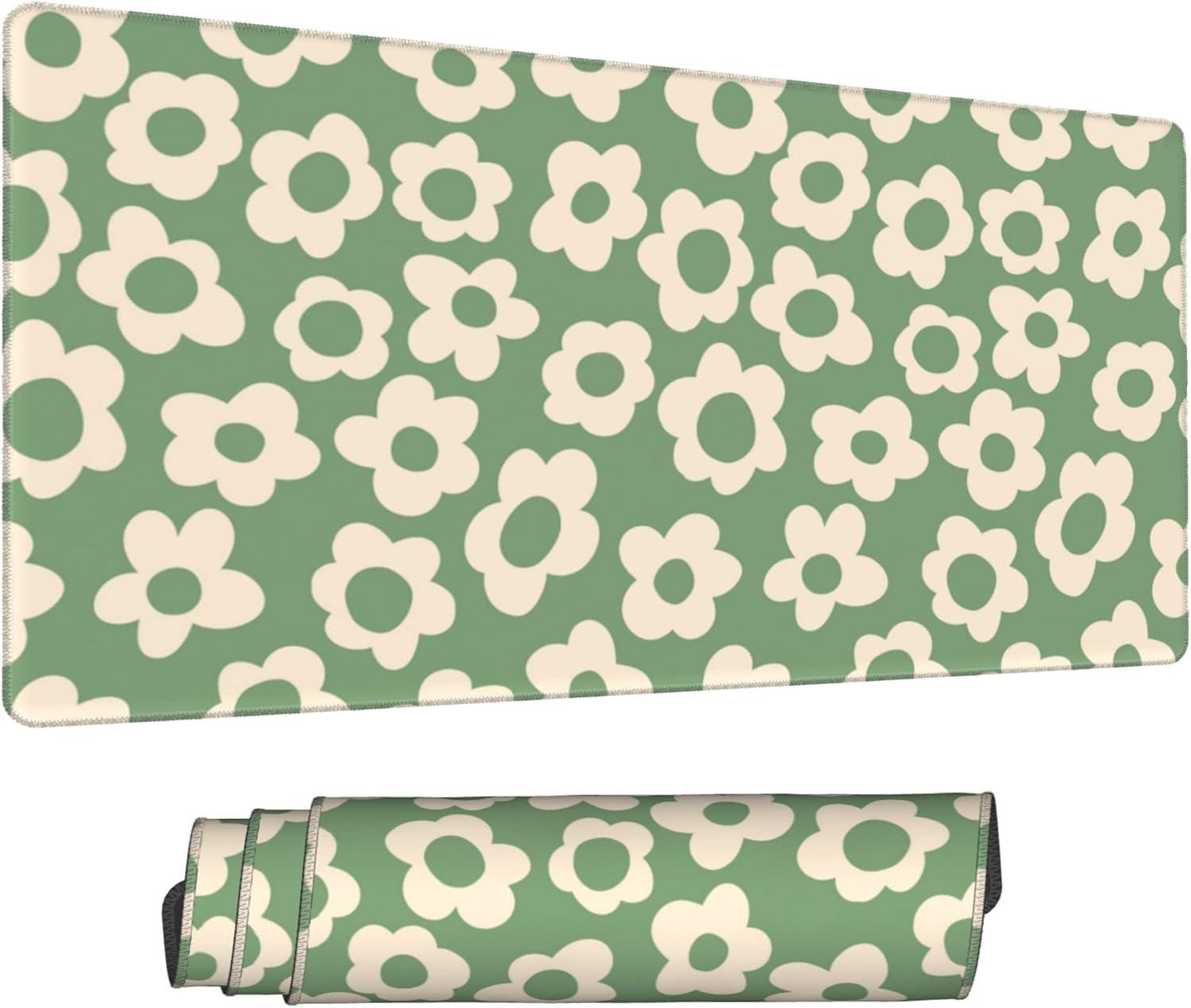 Vintage Groovy Green Flowers Gaming Mouse Pad,Extended Large Mouse Mat Desk Pad,Big Computer Keyboard Desk Pad,Stitched Edges Mousepad,3mm Thick Long Non-Slip Rubber Base Mice Pad, 31.5 X 11.8 Inch