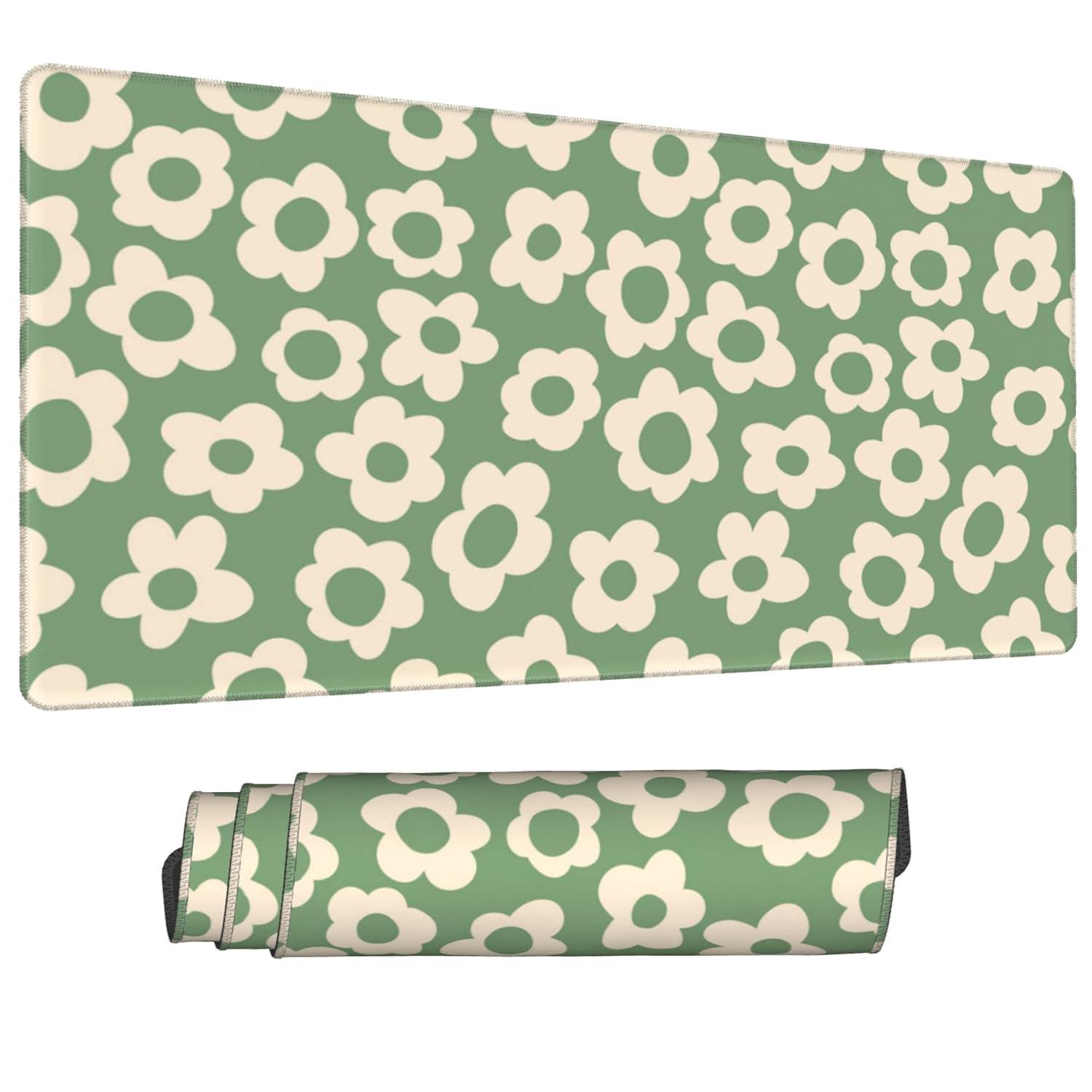 Vintage Groovy Green Flowers Gaming Mouse Pad,Extended Large Mouse Mat Desk Pad,Big Computer Keyboard Desk Pad,Stitched Edges Mousepad,3mm Thick Long Non-Slip Rubber Base Mice Pad, 31.5 X 11.8 Inch