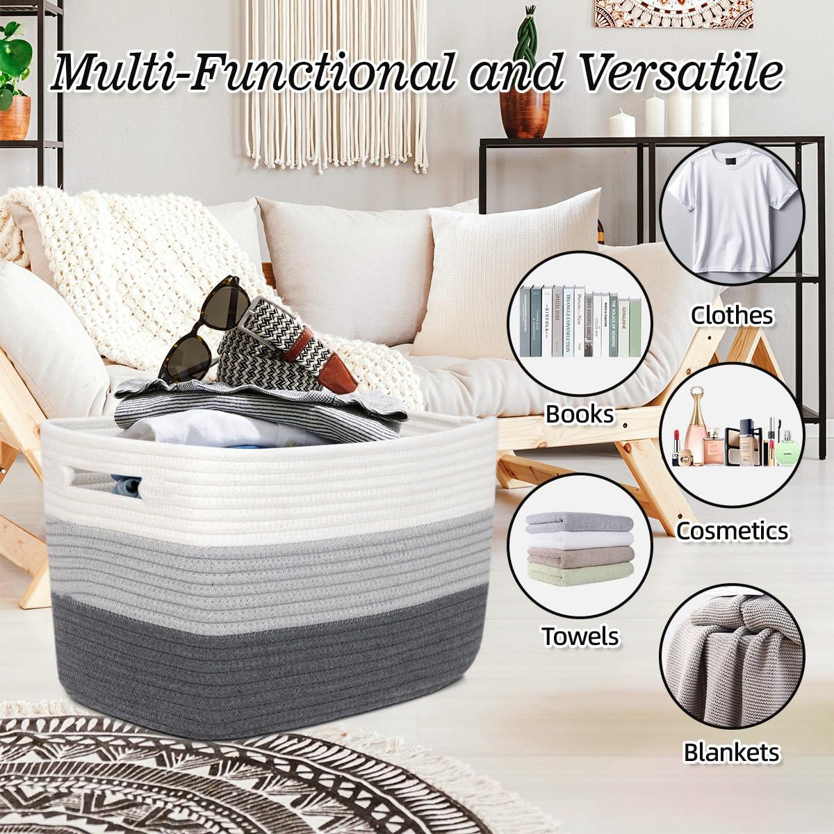 KOUROUU 3 Pack Cotton Rope Storage Basket Woven Shelf Storage Bin with Faux Leather Handles, Decorative Closet Shelf Woven Basket for Storage Organizers, 15 x 10 x 9, White/Gray