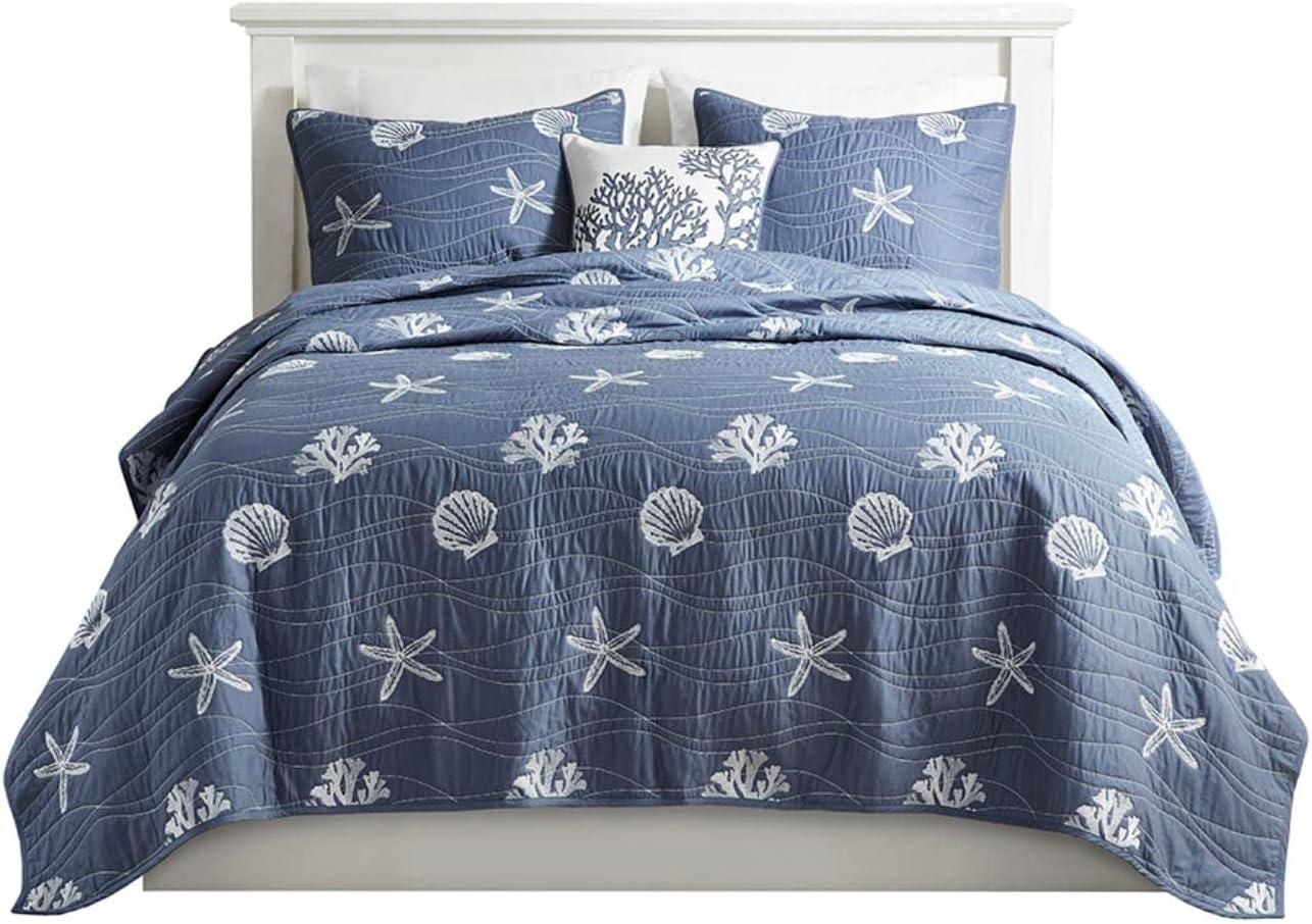 Seaside 4 Piece Cotton Reversible Embroidered Quilt Set