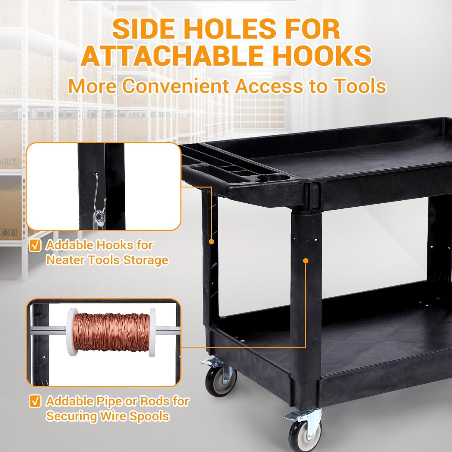 Black Heavy Duty Polypropylene 2-Shelf Rolling Utility Cart with Ergonomic Handle