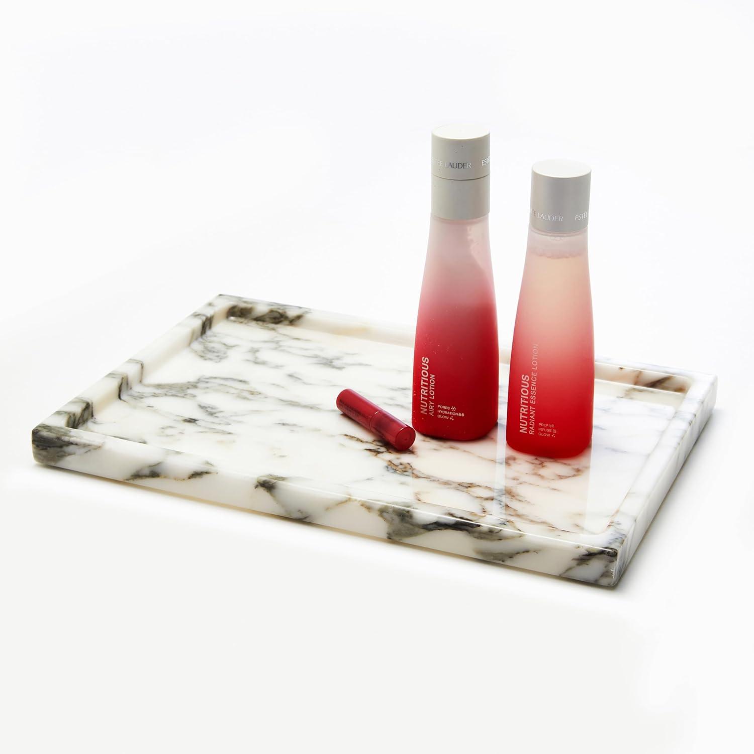 Polished White and Gray Marble Vanity Tray