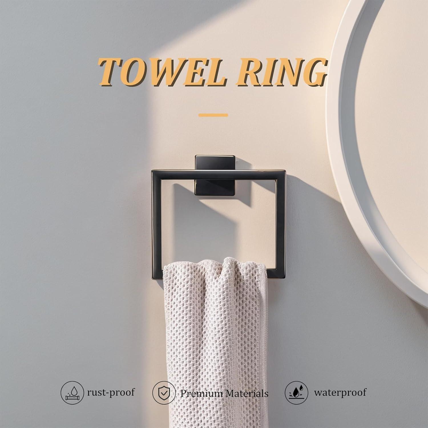 5 Pieces Square Matte Black Stainless Steel Bathroom Accessories Set Include 23.6 in Towel Bar, Toilet Paper Holder, Towel Ring, 2 Robe Towel Hooks