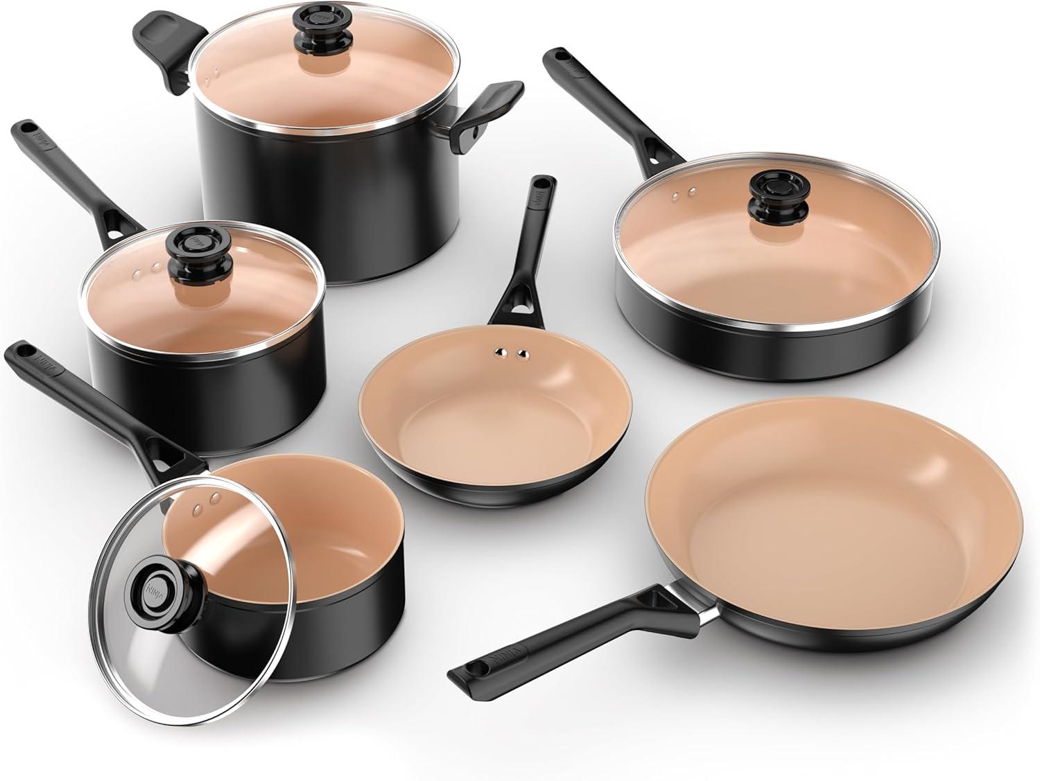 Ninja 10pc Ceramic Pots and Pans Non-Stick Cookware Set, Oven Safe to 350°F, Induction Compatible
