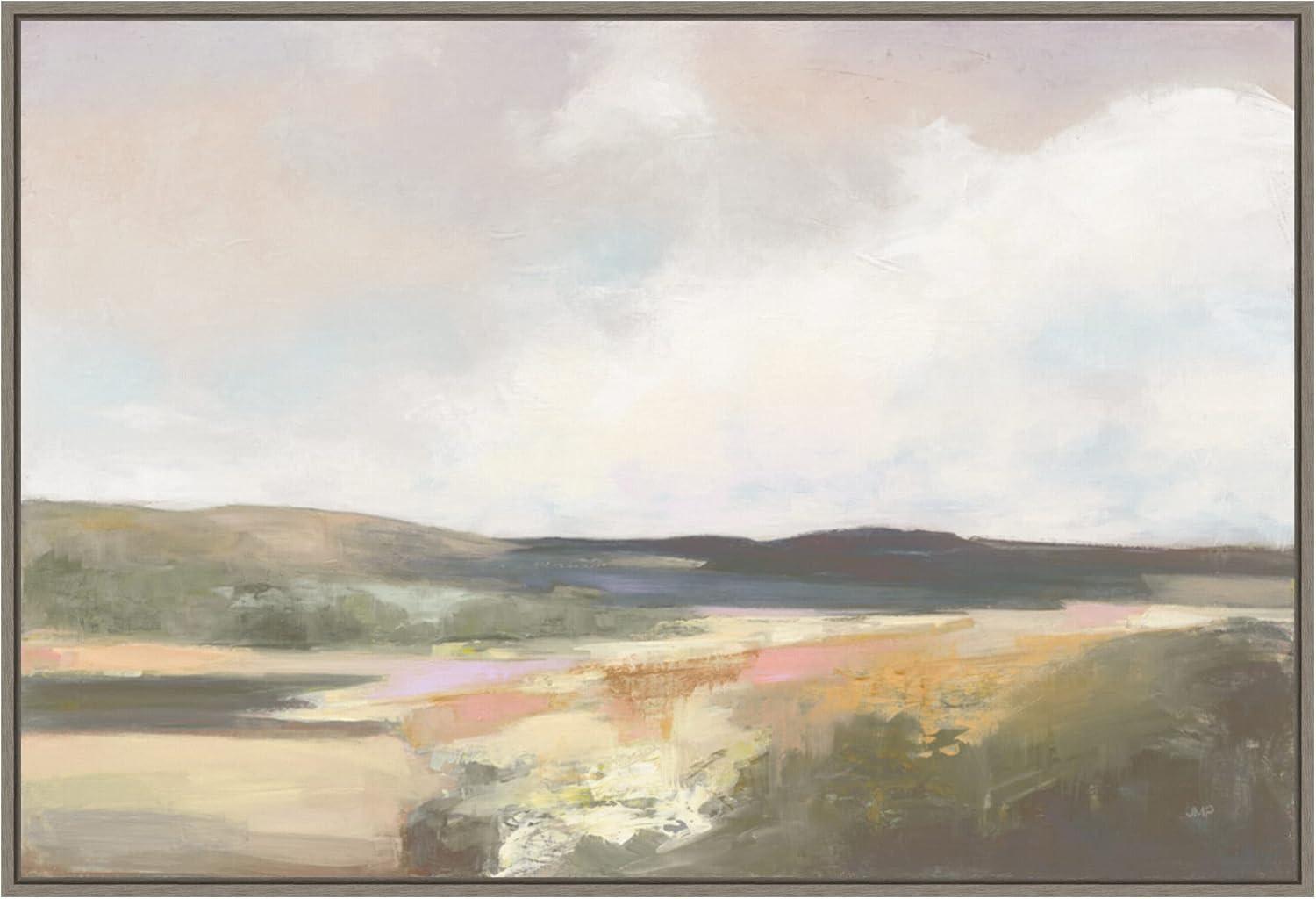 33" x 23" Dawn by The Water Neutral by Julia Purinton Framed Canvas Wall Art Print - Amanti Art: Rolling Hills & Waves