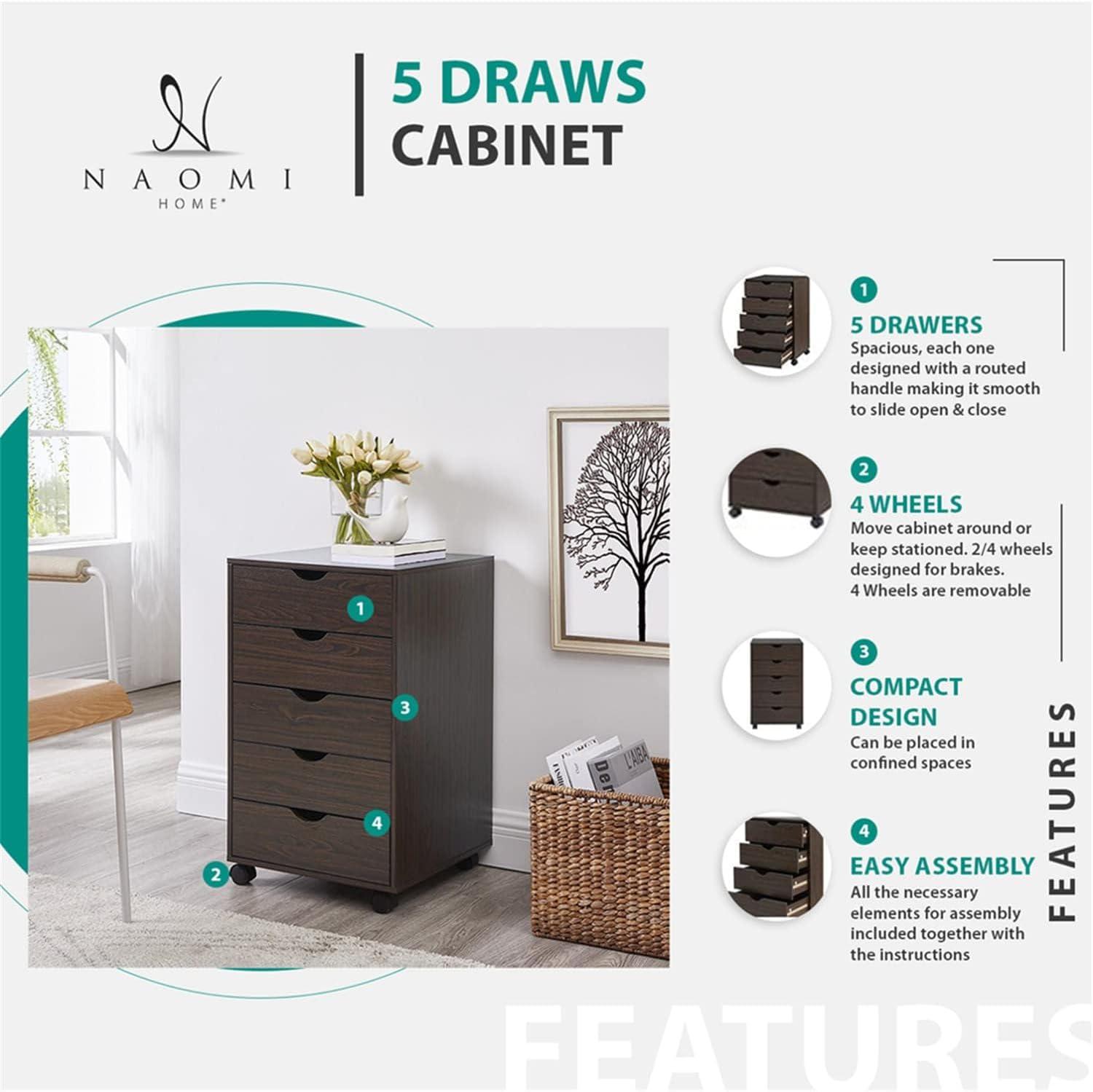 Natural MDF 5-Drawer Office Storage Cabinet with Casters