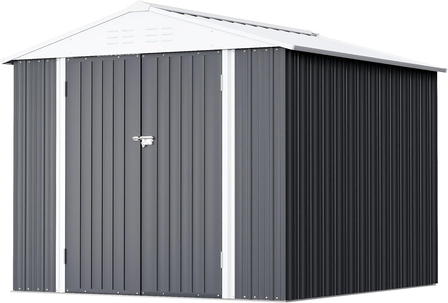 SYNGAR 8' x 6' Outdoor Metal Storage Shed, Tools Storage Shed, Galvanized Steel Garden Shed with Adjustable Shelves and Lockable Doors, Outdoor Storage Shed for Backyard, Patio, Lawn, D9182