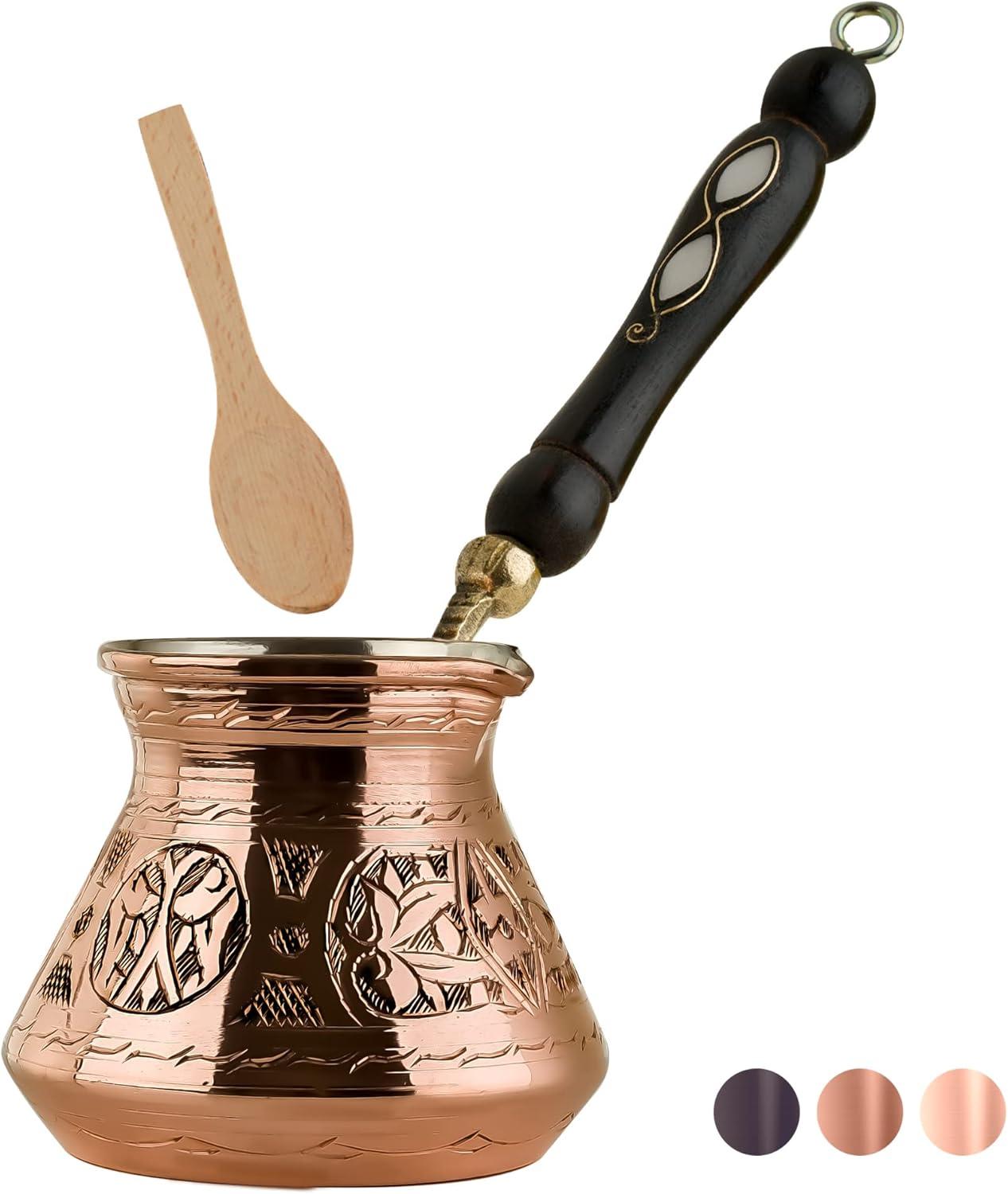 12 Oz Black Copper Turkish Coffee Pot with Wooden Handle and Spoon