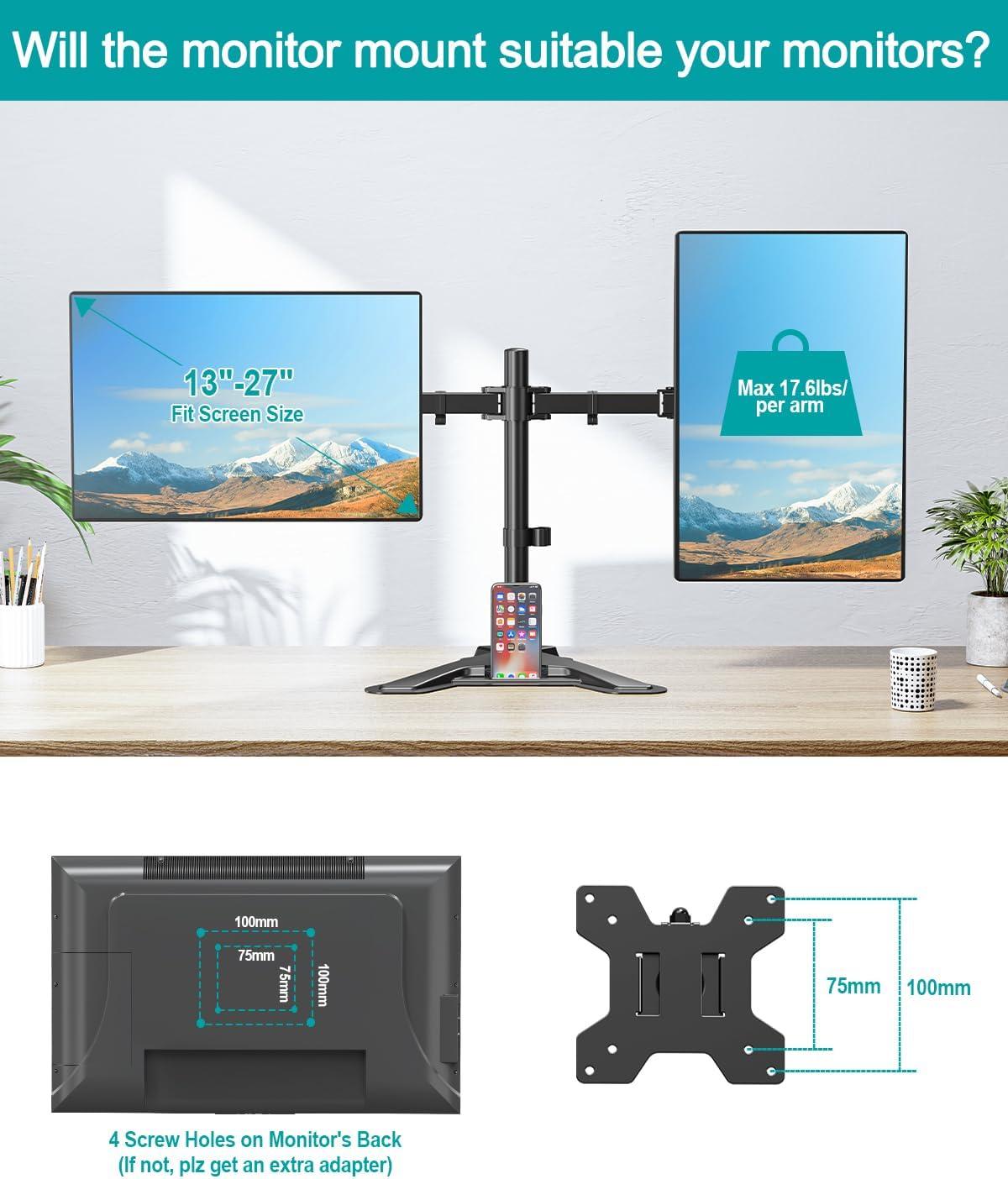 Black Dual Monitor Stand with Adjustable Height and Swivel