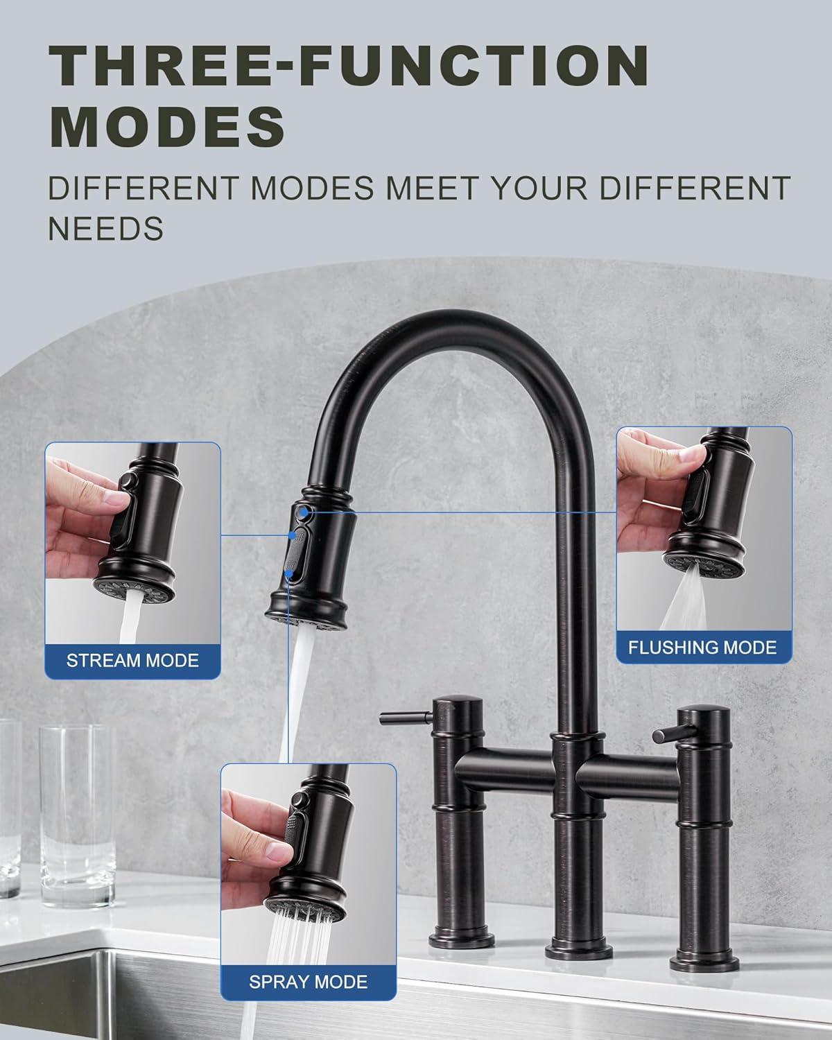Double Handle Bridge Kitchen Faucet with Pull Down Sprayer in Oil Rubbed Bronze