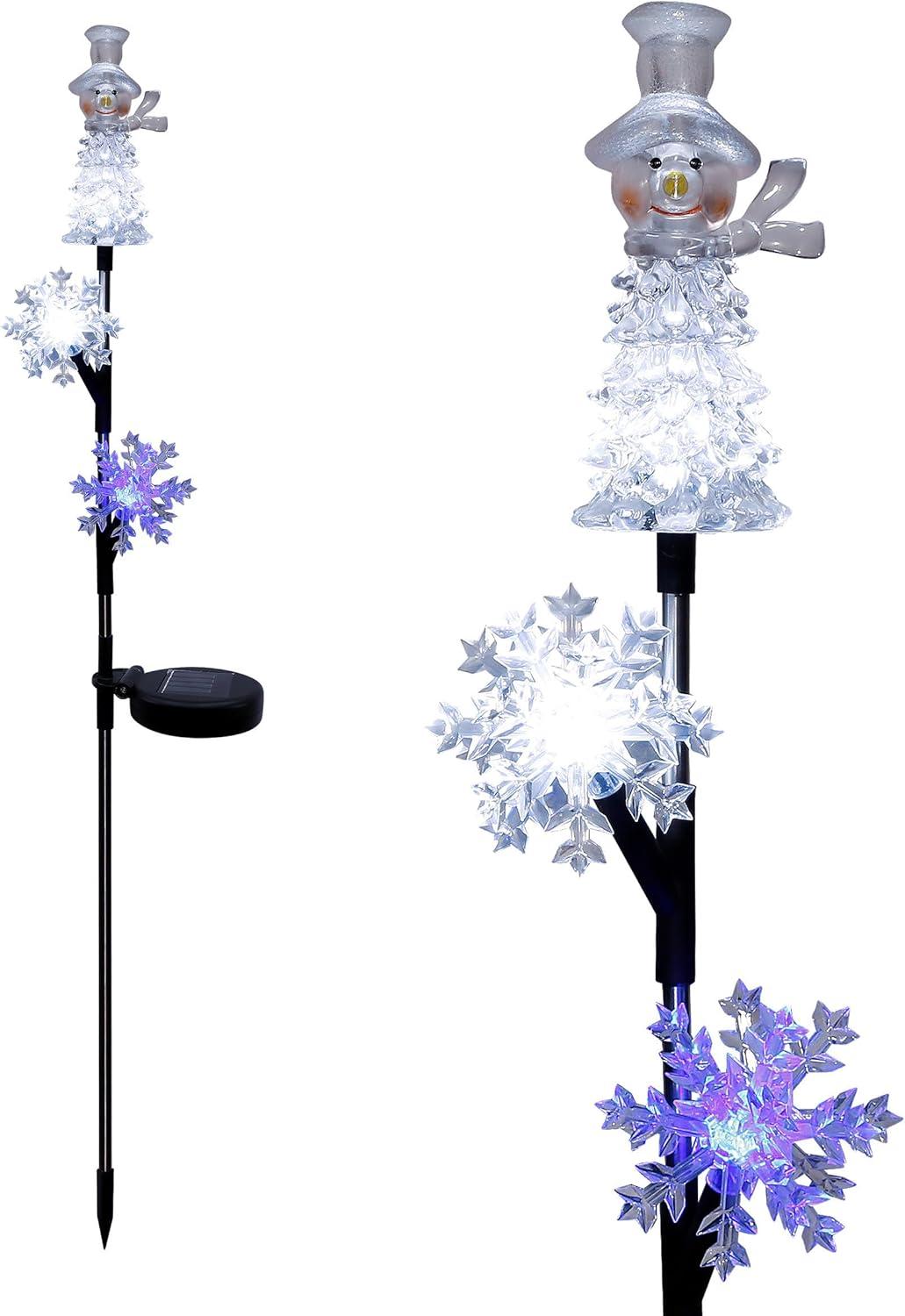 Solar Snowflake and Snowman LED Lawn Stake, 34-Inch, Multicolor Plastic