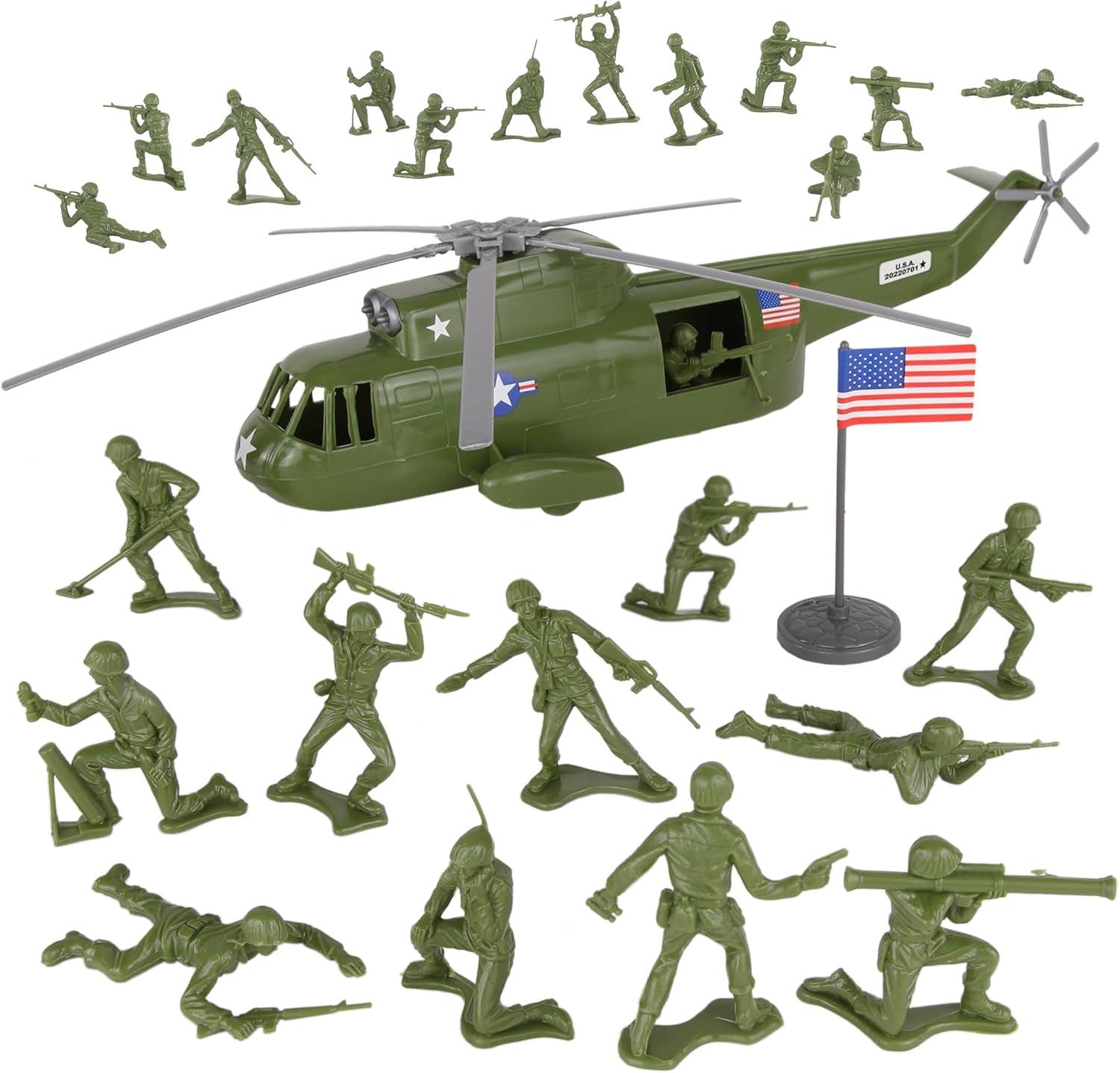 TimMee Plastic Army Men HELICOPTER Playset - OD Green 26pc Made in USA