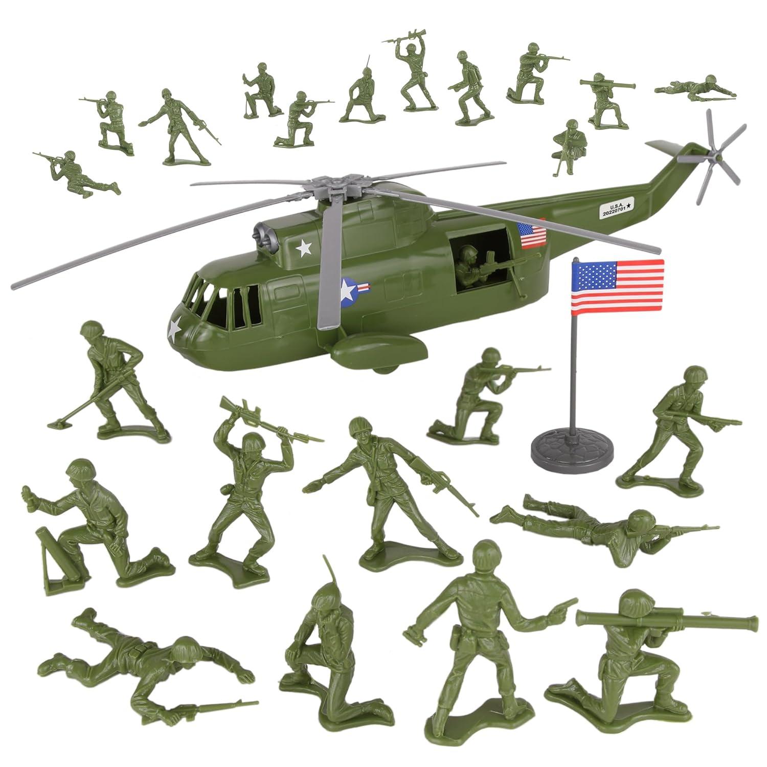 TimMee Plastic Army Men HELICOPTER Playset - OD Green 26pc Made in USA