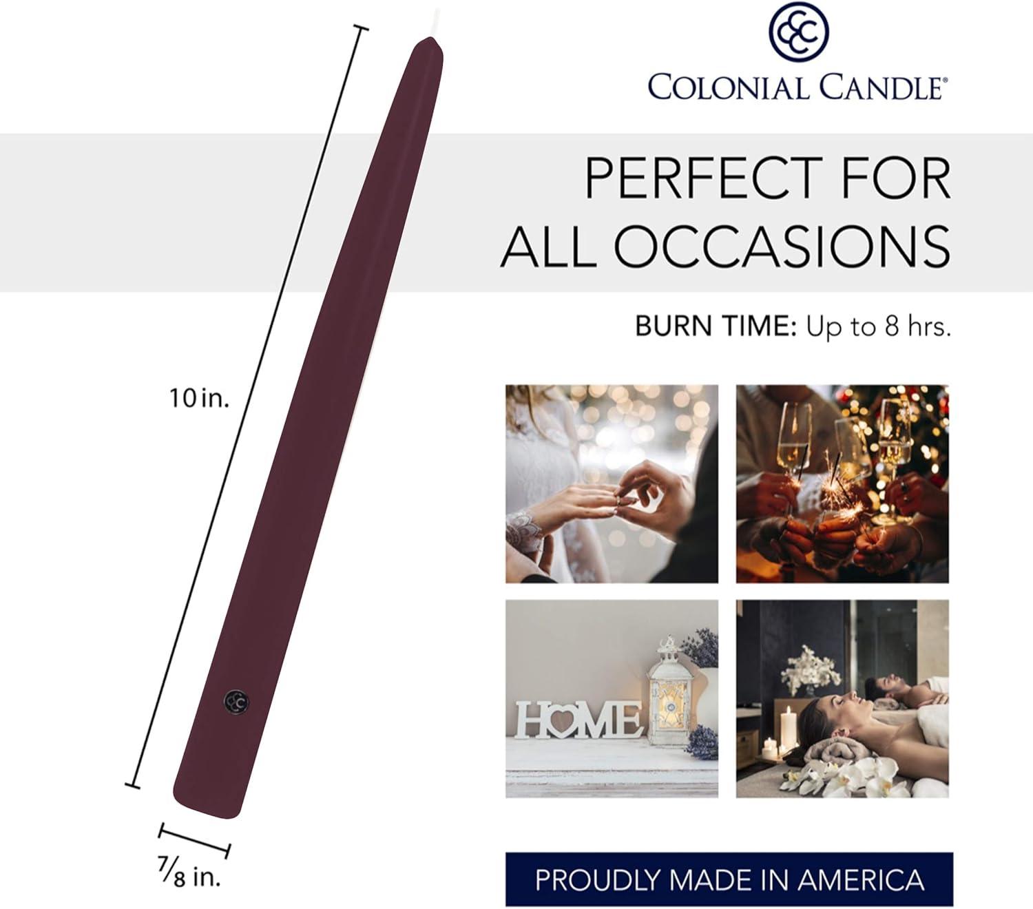 Colonial Candle Handipt Unscented Taper Candle Mulberry, Dripless, 10 inch, 8 Hours Burn, Pack of 12