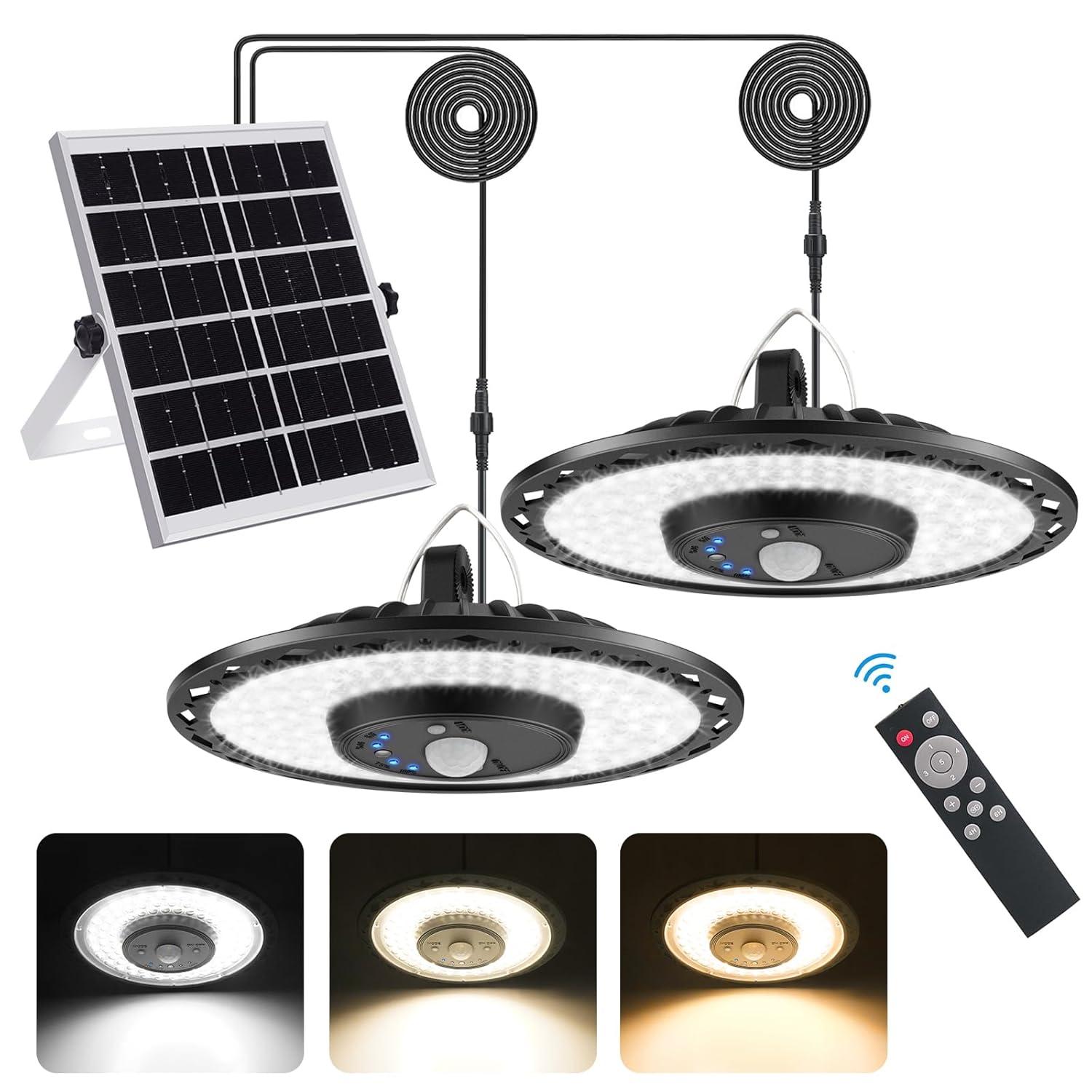 Auzev Solar Lights Indoor Outdoor 3000LM Solar Powered Shed Light with Switch, Remote, Timer, 3 CCT IP65 Waterproof Pendant for Barn Gazebo Garage Shop Interior Home, Daytime Available