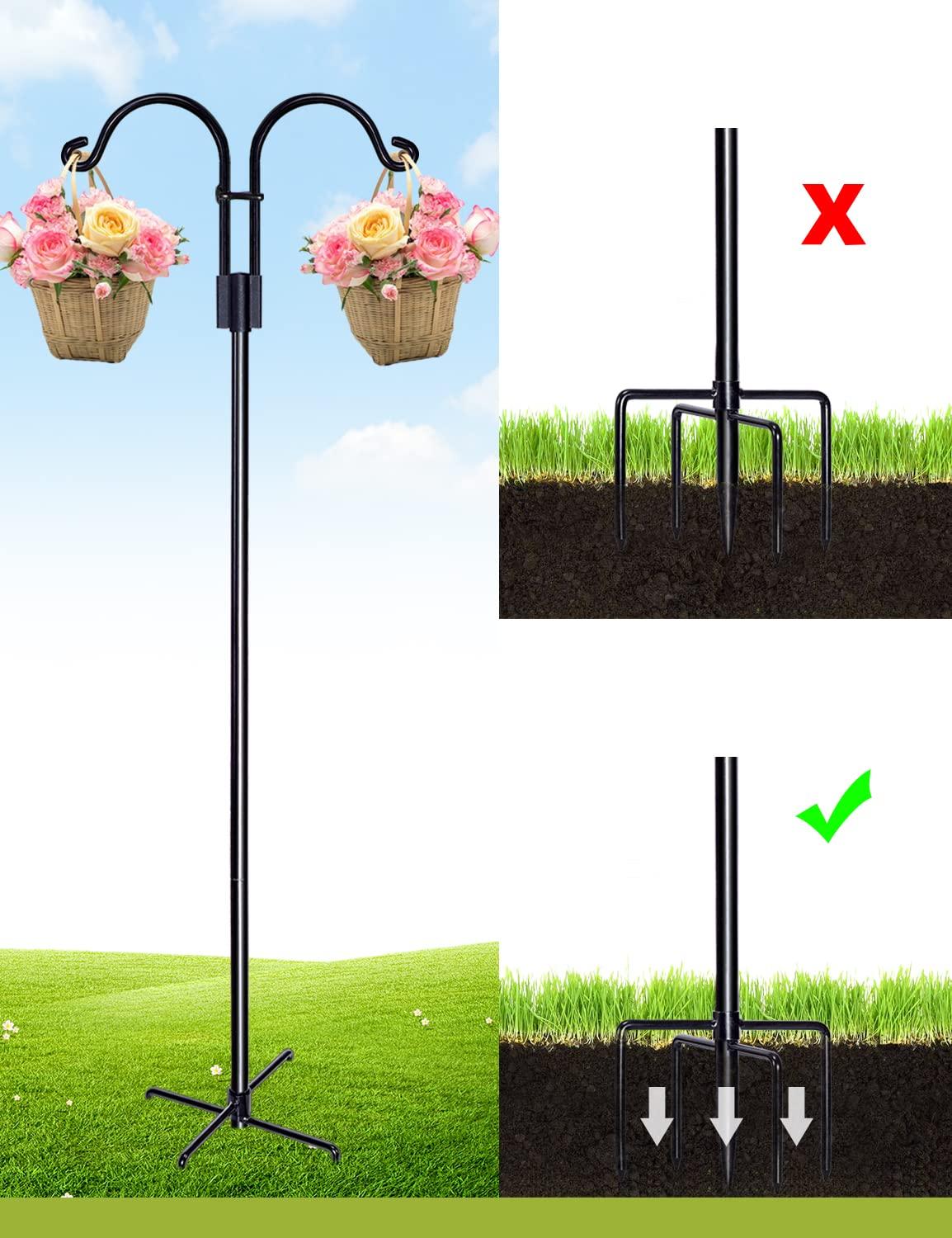 AOWOO Double Shepherds Hooks for Outdoor, 76 Inch Bird Feeder Pole with 5 Prongs Base, Adjustable Shepherd Hook 2-Pack Heavy Duty Two Sided Garden Pole for Hanging Bird Feeders, Plant Baskets, Black