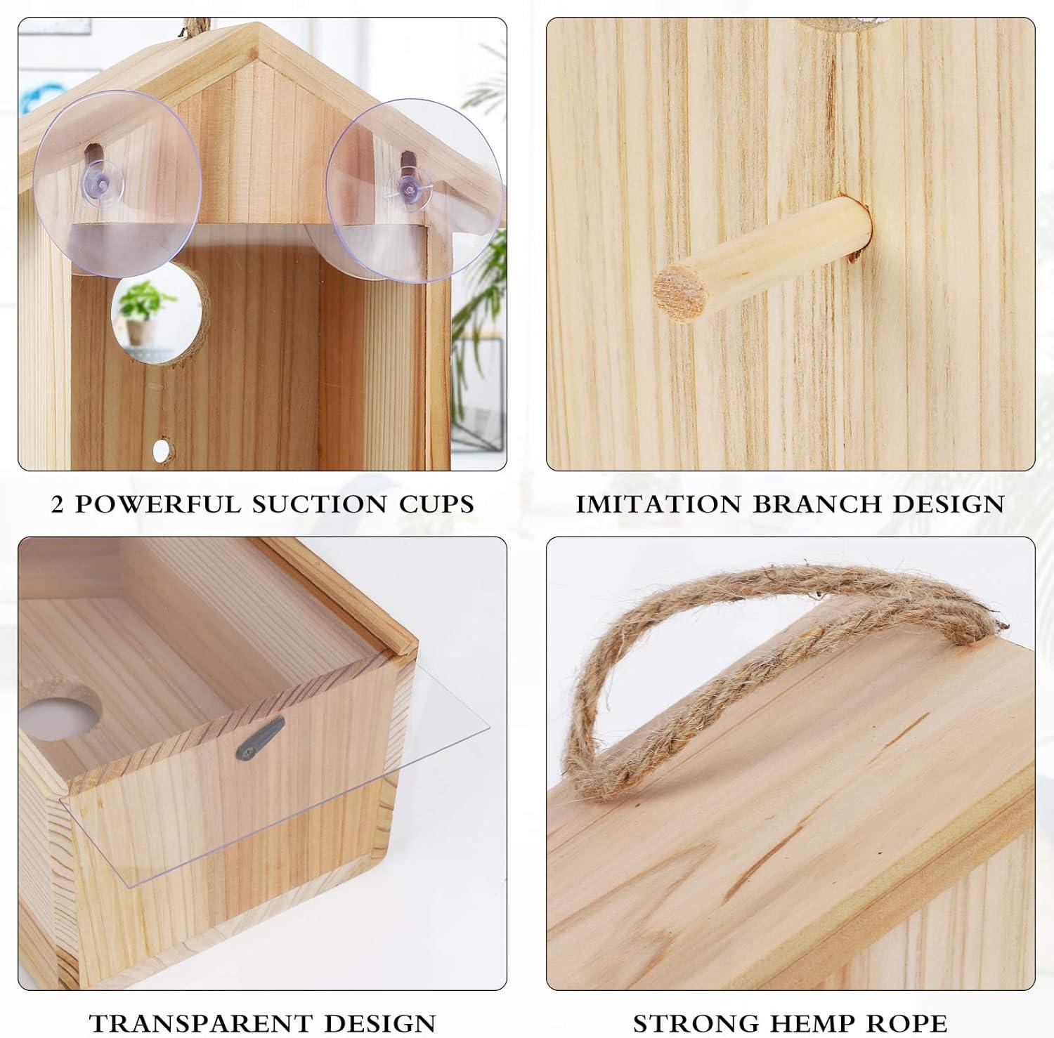 Window Bird House with Strong Suction Cup and Lanyard for Outside - See Through Upgraded Wooden Birdhouse Outdoors,Bird Nest Transparent Design for Easy Observation,Best Gift for Kids