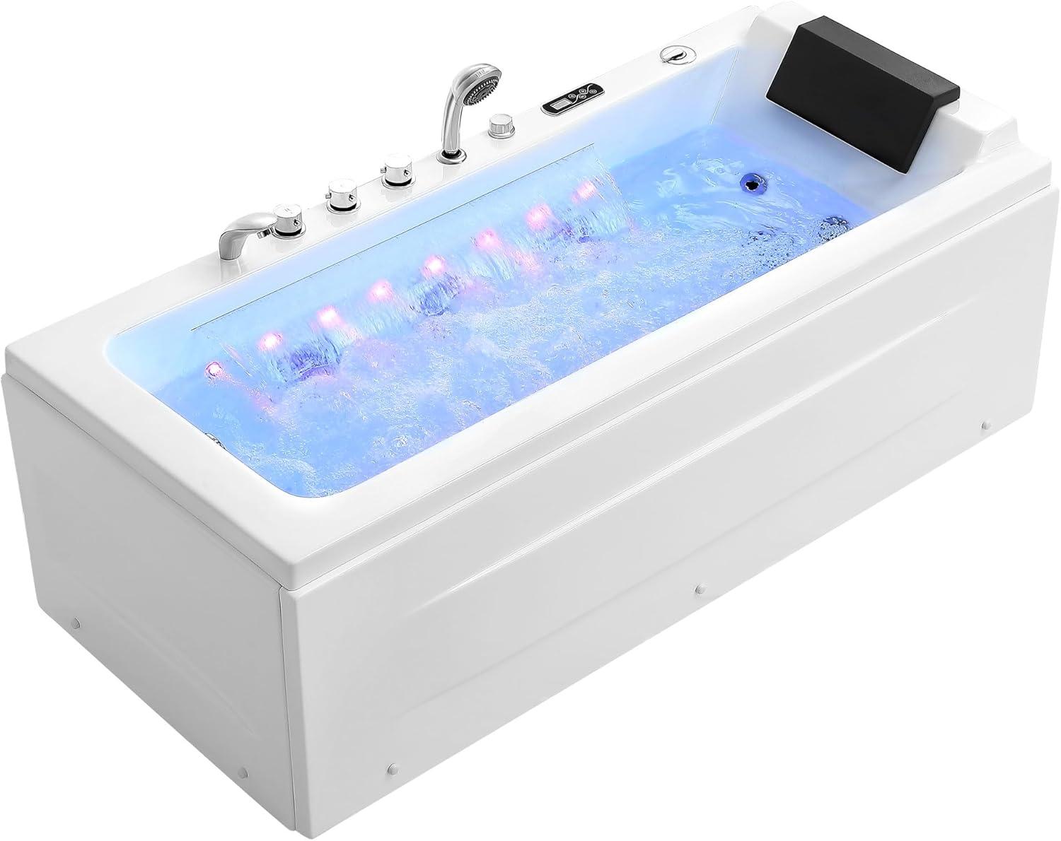 67'' White Acrylic Freestanding Whirlpool Bathtub with LED Lights