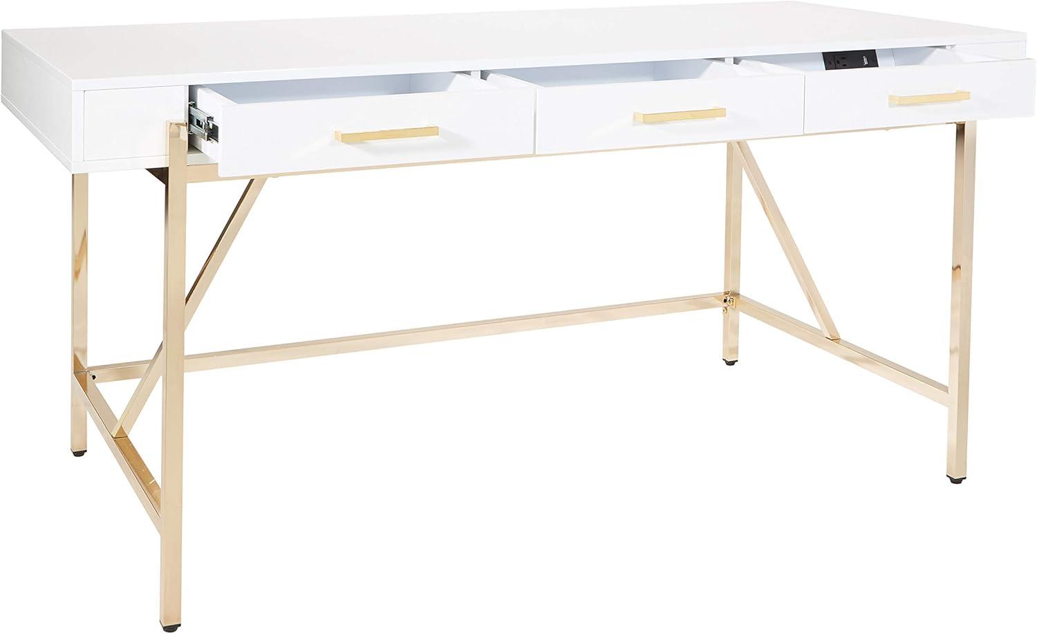 Broadway Chic 33" White Gloss & Gold Detail Desk with Drawers