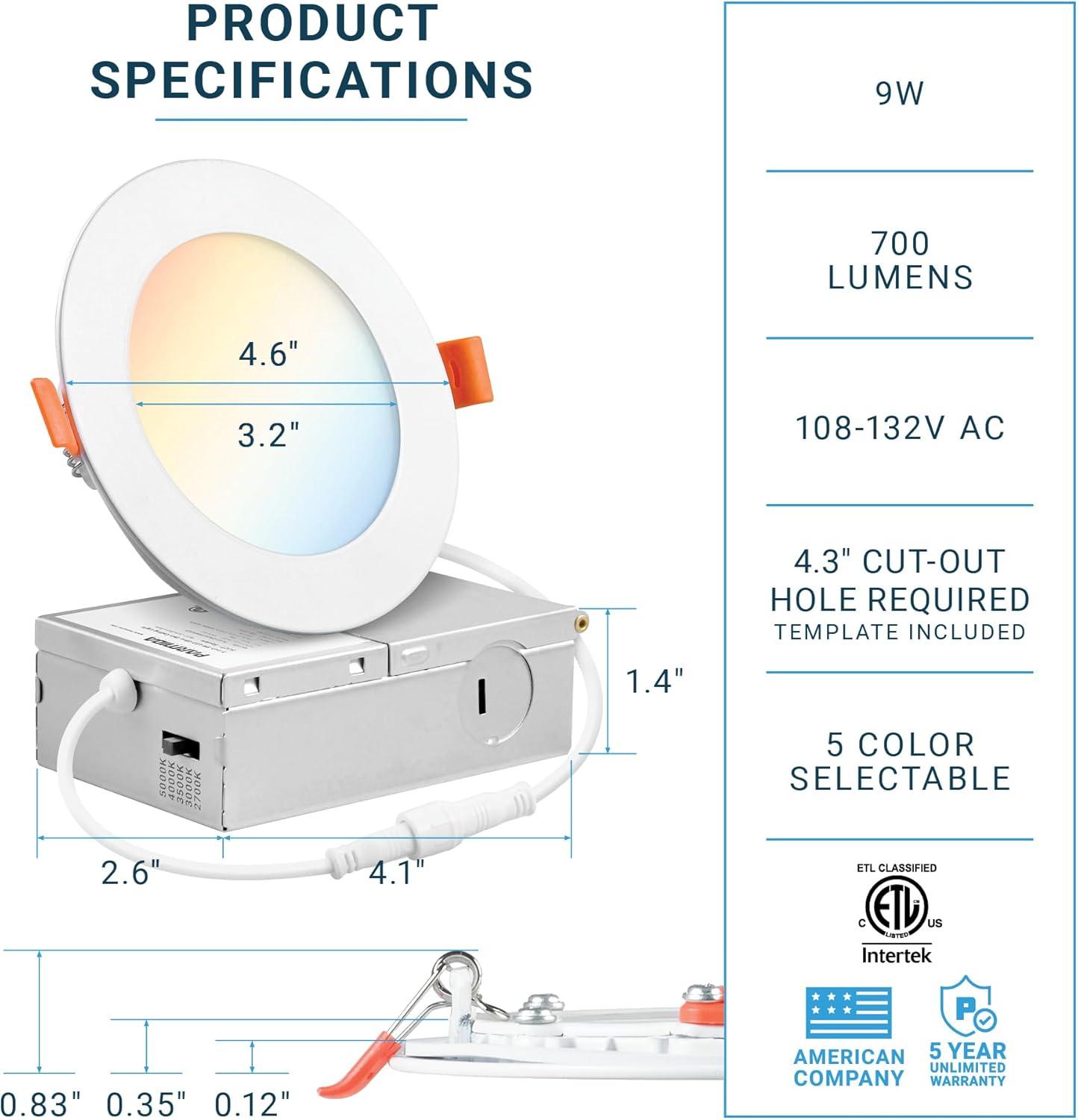 PARMIDA (16 Pack) 4 Inch Ultra-Thin LED Recessed Ceiling Light with Junction Box, 5CCT Color Selectable 2700K/3000K/3500K/4000K/5000K, 12W, Dimmable Canless Wafer Slim Panel Downlight, IC Rated, ETL