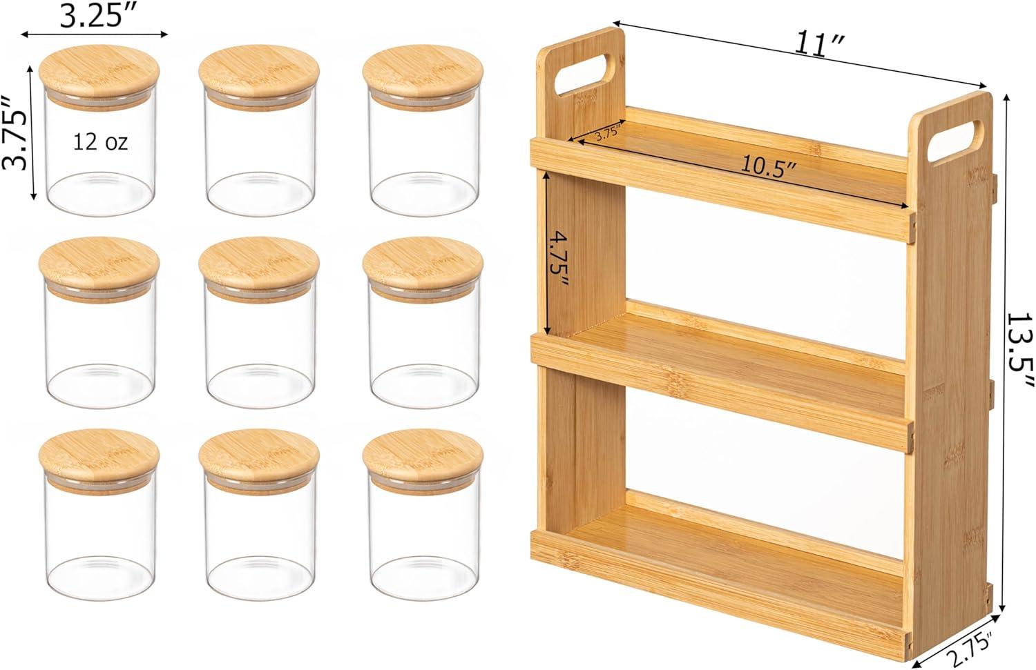 Rebrilliant Rebrilliant Versatile 3-tier Bamboo Spice Rack And Pantry Organizer With 9 Glass Jars – Perfect For Countertop Storage In Kitchens To Keep Seasoning Containers Neatly Displayed And Easily Accessible