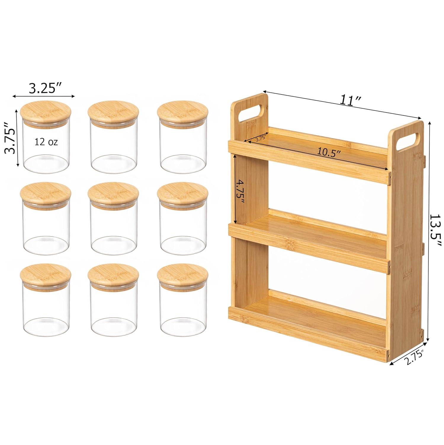 Rebrilliant Rebrilliant Versatile 3-tier Bamboo Spice Rack And Pantry Organizer With 9 Glass Jars – Perfect For Countertop Storage In Kitchens To Keep Seasoning Containers Neatly Displayed And Easily Accessible