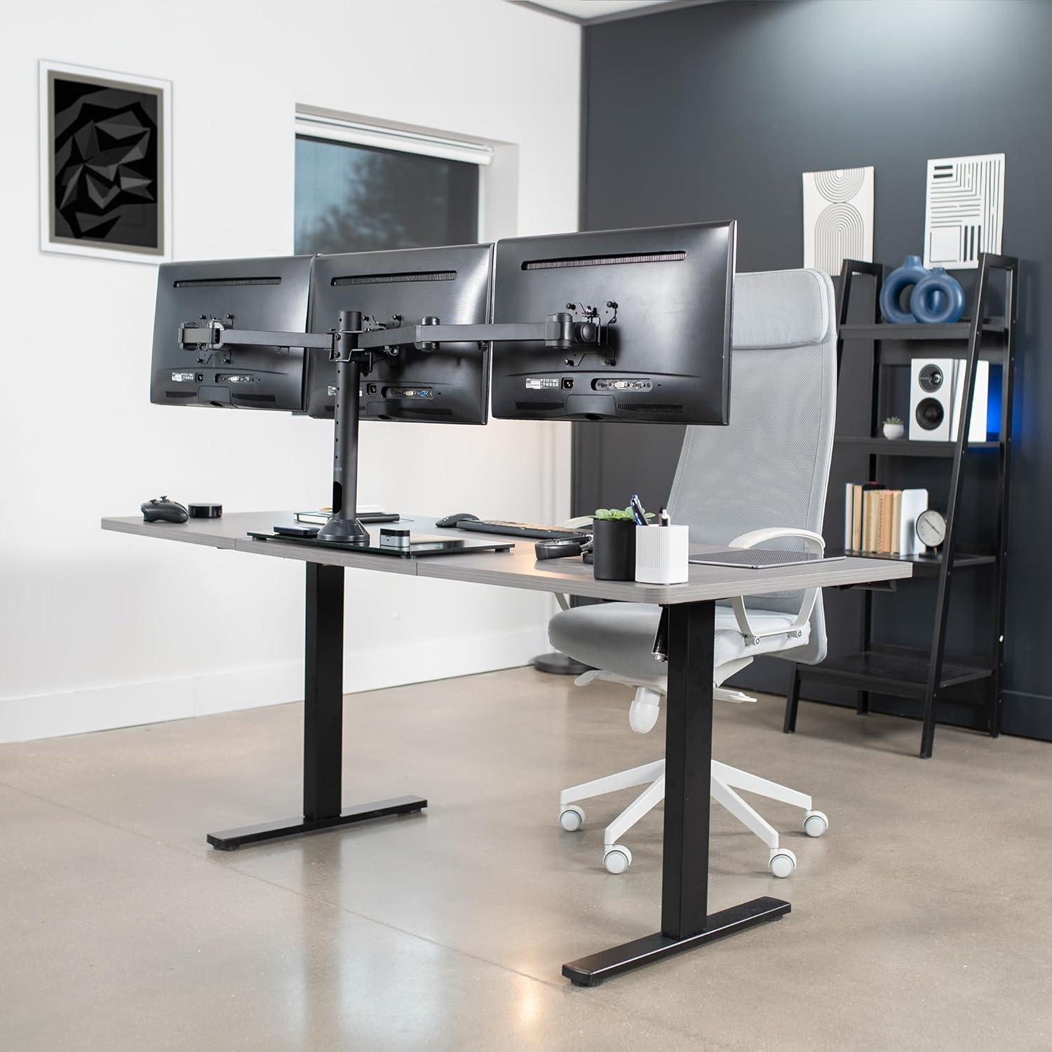 Black Triple Monitor Mount with Glass Base and Steel Arms