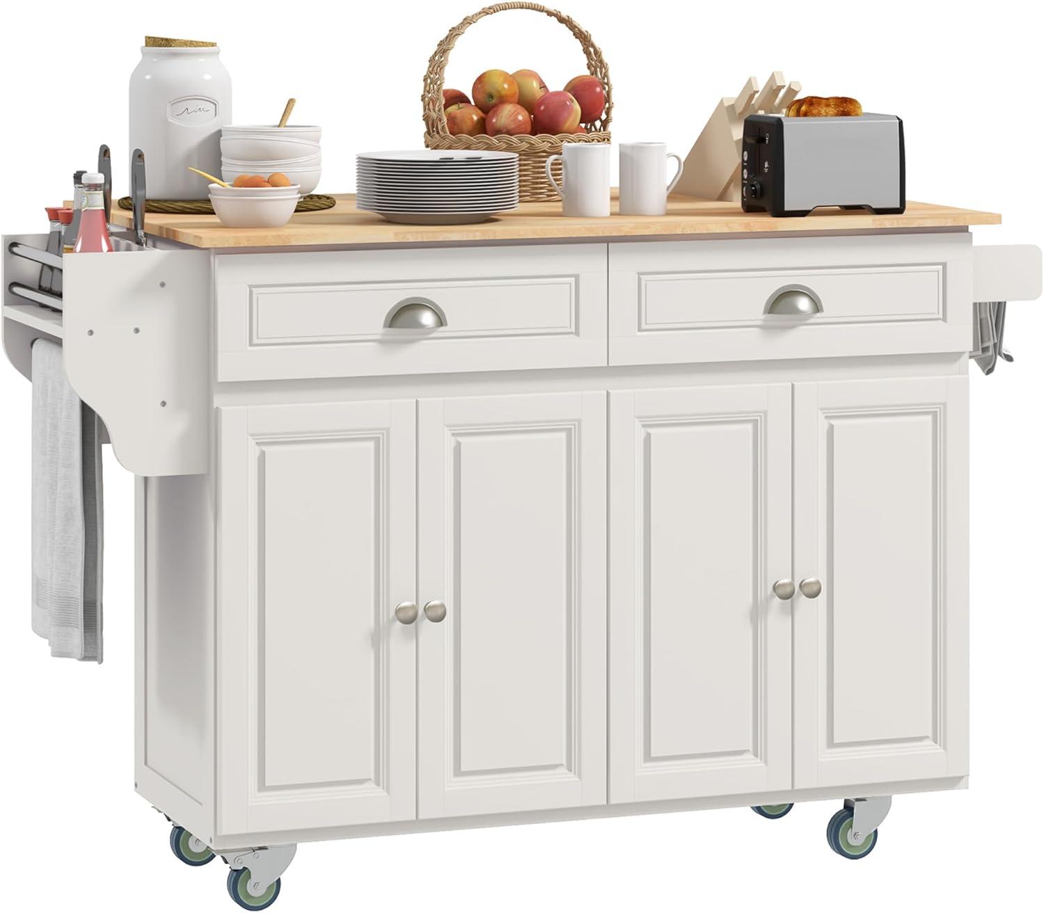 HOMCOM Rolling Kitchen Island Drop Leaf, Kitchen Cart on Wheels, Solid Wood Top Breakfast Nook with Storage Drawer, Cabinet,Spice Rack, Cream White