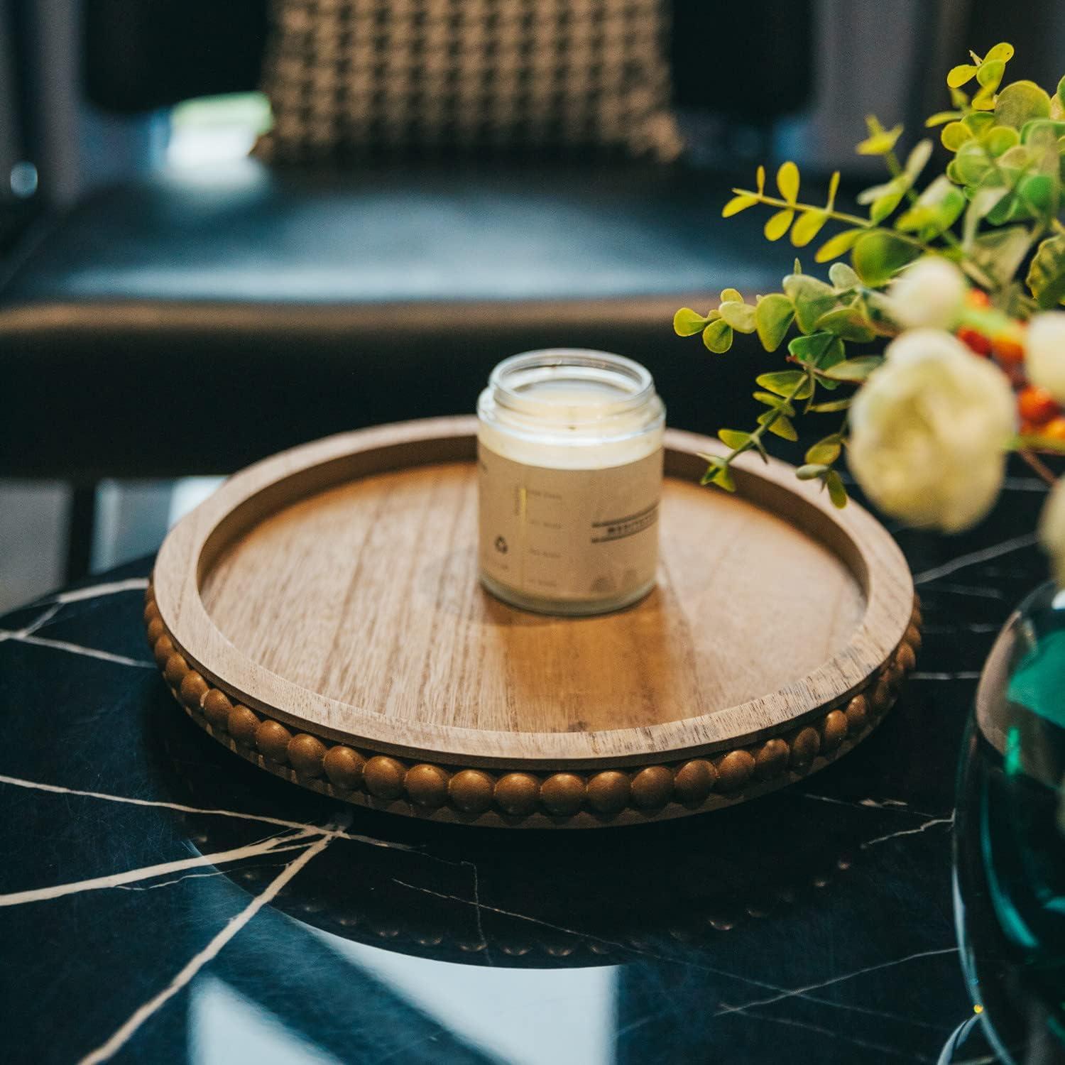 HPC Decor 12in Round Tray for Home Decor- Brown Wood Beaded Tray- Decorative Round Tray for Coffee Table- Farmhouse Tray Centerpiece for Living Room Decor, Kitchen Table Decor
