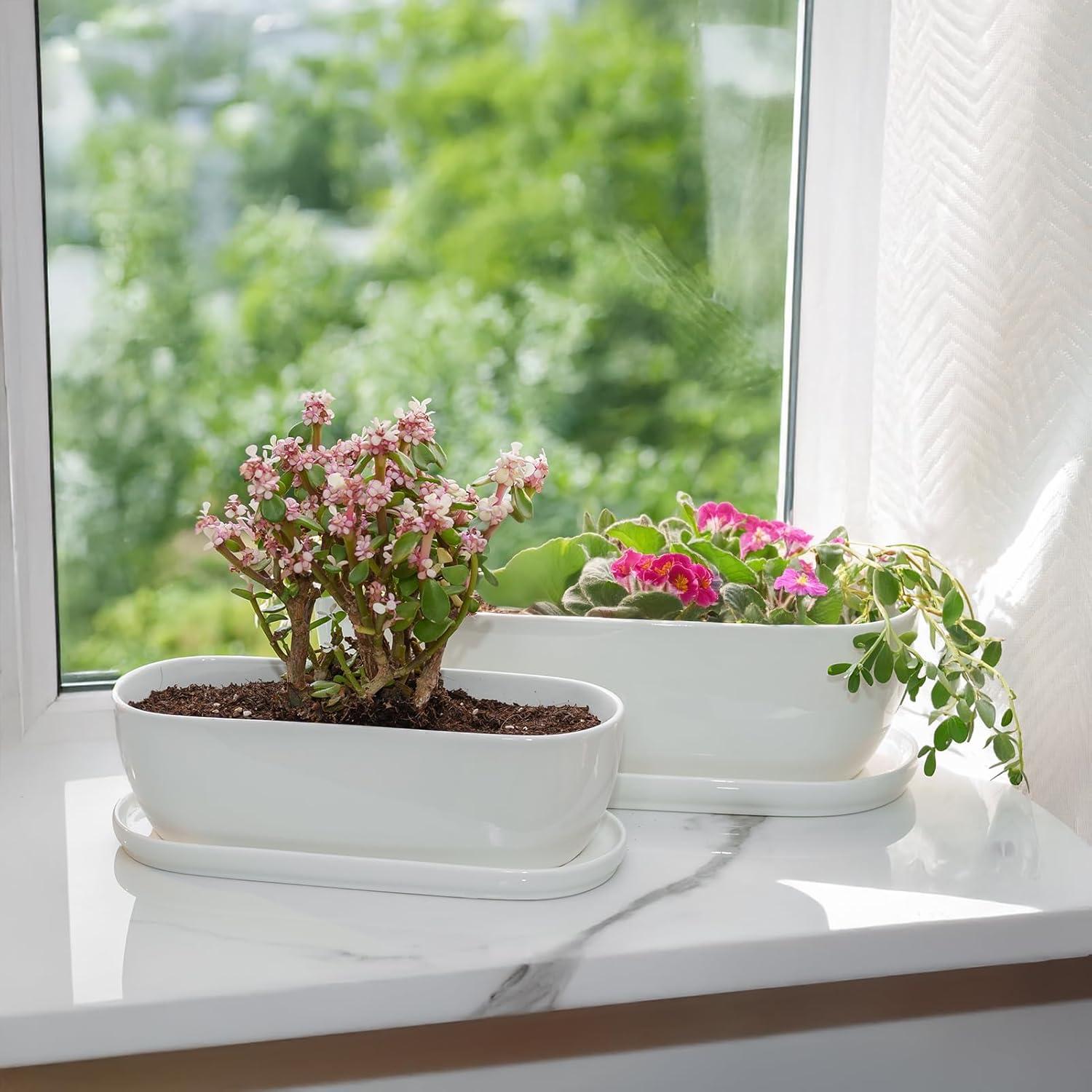 E-liu Oval Ceramic Planter Pot with Drainage Hole Saucers 11 Inch Succulents Planter Home Decor for Indoor Outdoor Plants Herb Cactus with 3 Mesh Pads, Plants Not Included