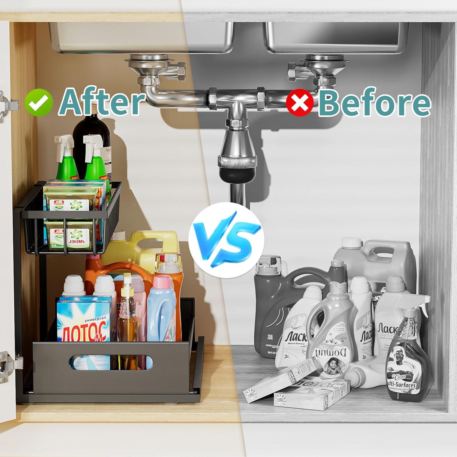 Rebrilliant Under Sink Organizer, 2 Tier Under Sink Organizers And Storage, Metal Slide Out Pull Out Cabinet Organizer ,2 Pack Sliding Drawer Organizer For Kitchen Bathroom Pantry