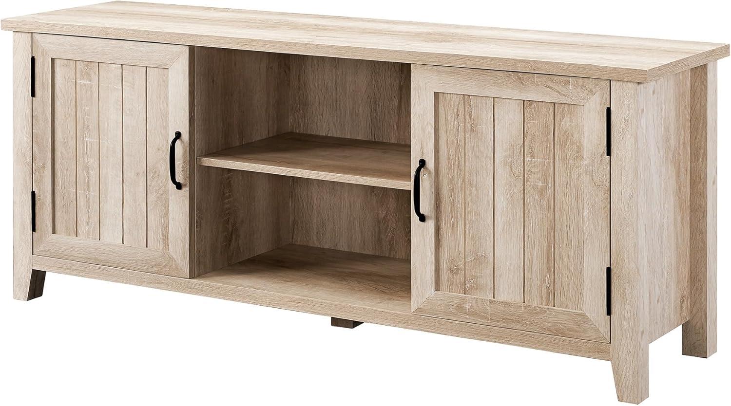 Transitional Grooved-Door 58" White Oak TV Stand with Cabinet