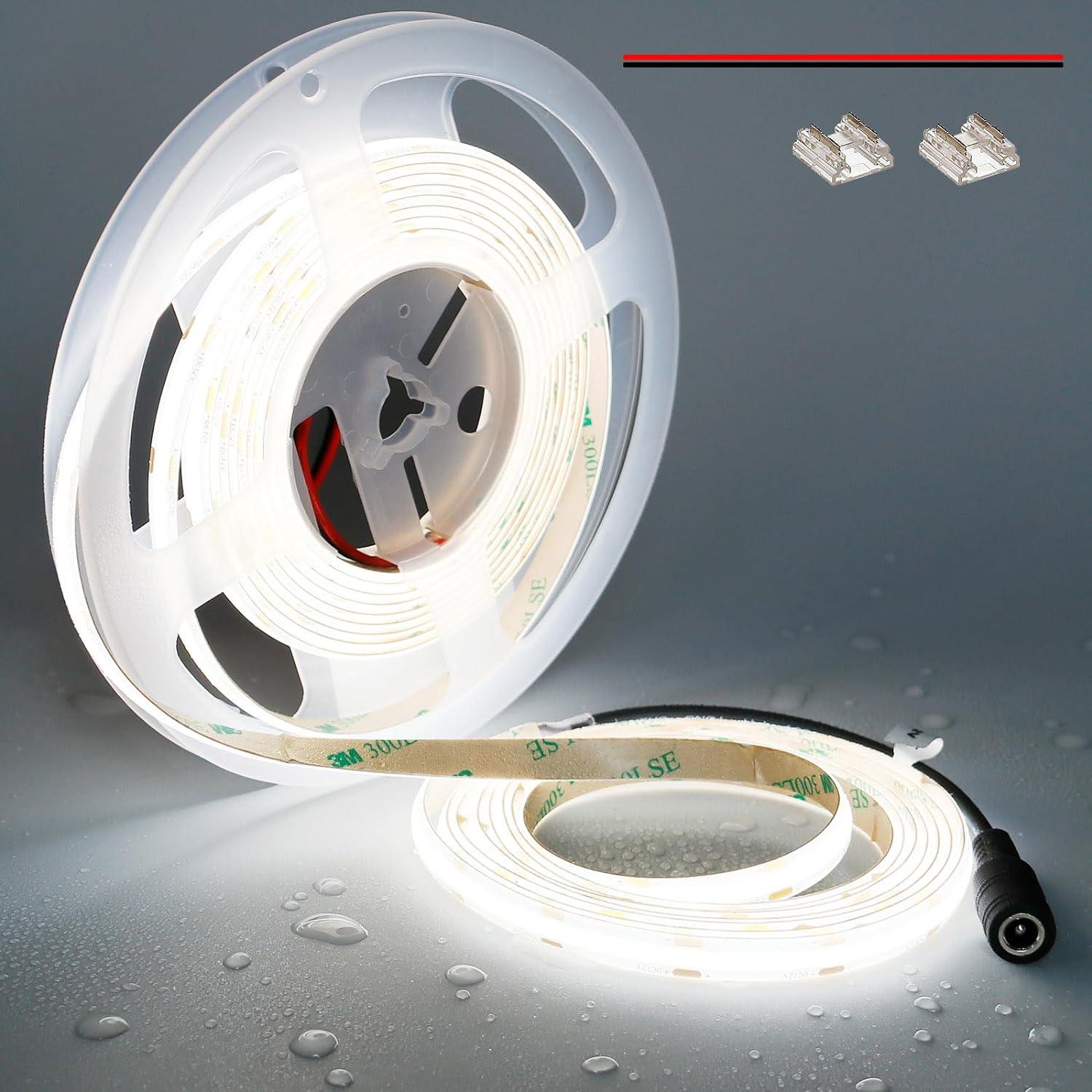 12V COB LED Strip Light Daylight White 5000K Waterproof IP65 480LEDs/M Super Bright 4000Lm CRI>90 16.4ft/5M Dotless High Density Cuttable Flexible for Cabinet Home DIY Lighting Projects