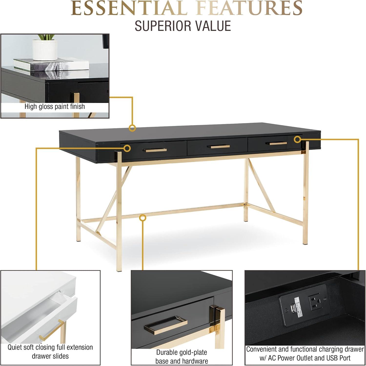 Broadway Desk with Black Gloss Finish and Gold Frame