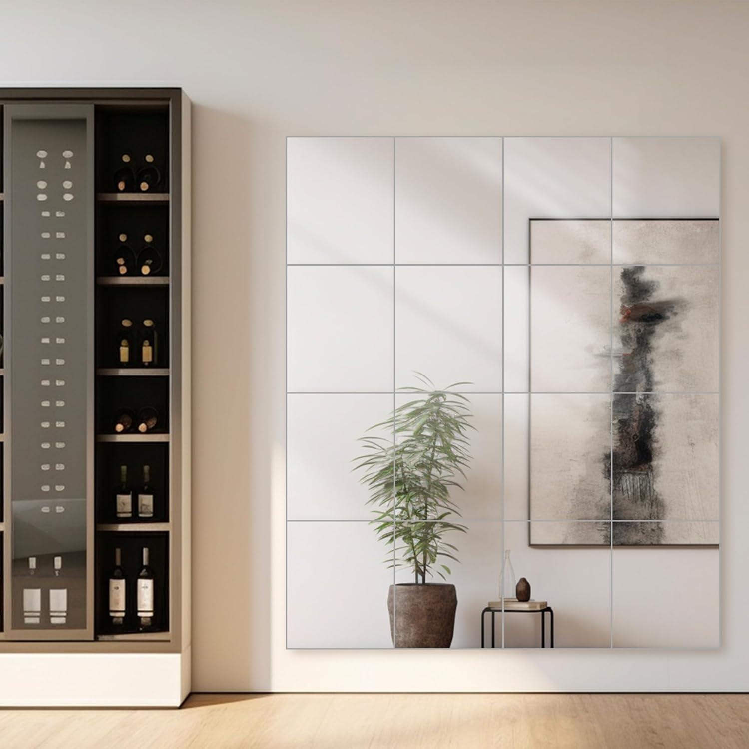 Dulles Glass - Wall Mirror Glass Tiles 12'‘x 14’', No Frame, for Bedroom, Door, Bathroom, 16 Pcs